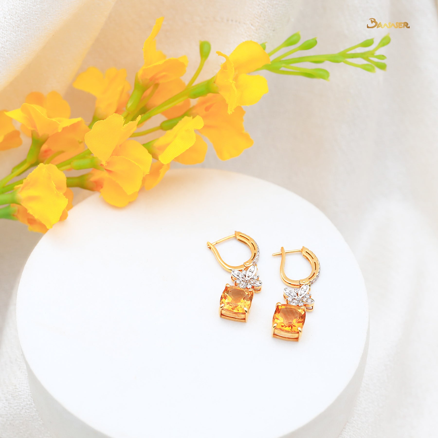 Citrine and Diamond Floral Dangle Earrings