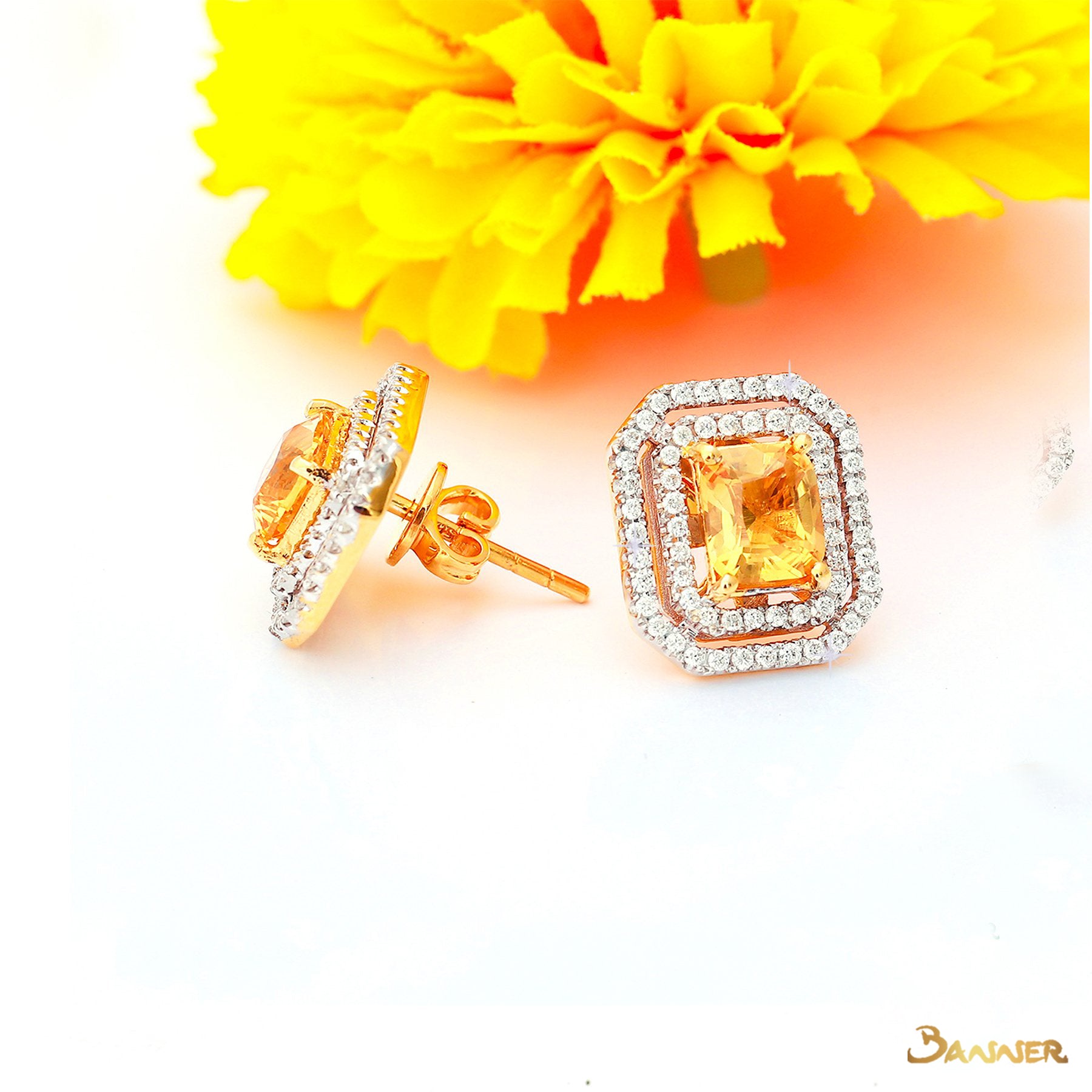 Emerald-cut Citrine and Diamond Double Halo Earrings