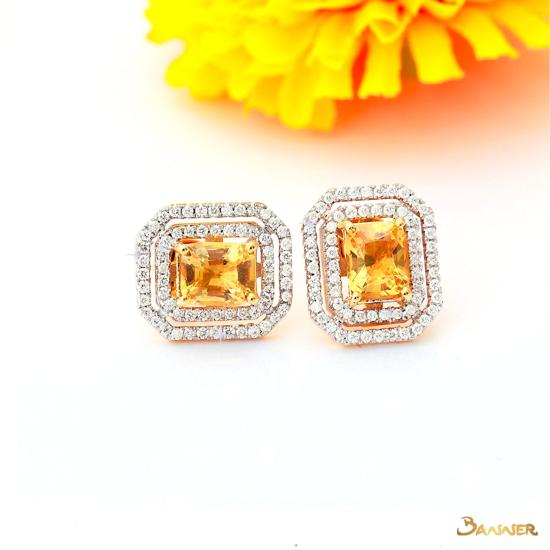 Emerald-cut Citrine and Diamond Double Halo Earrings