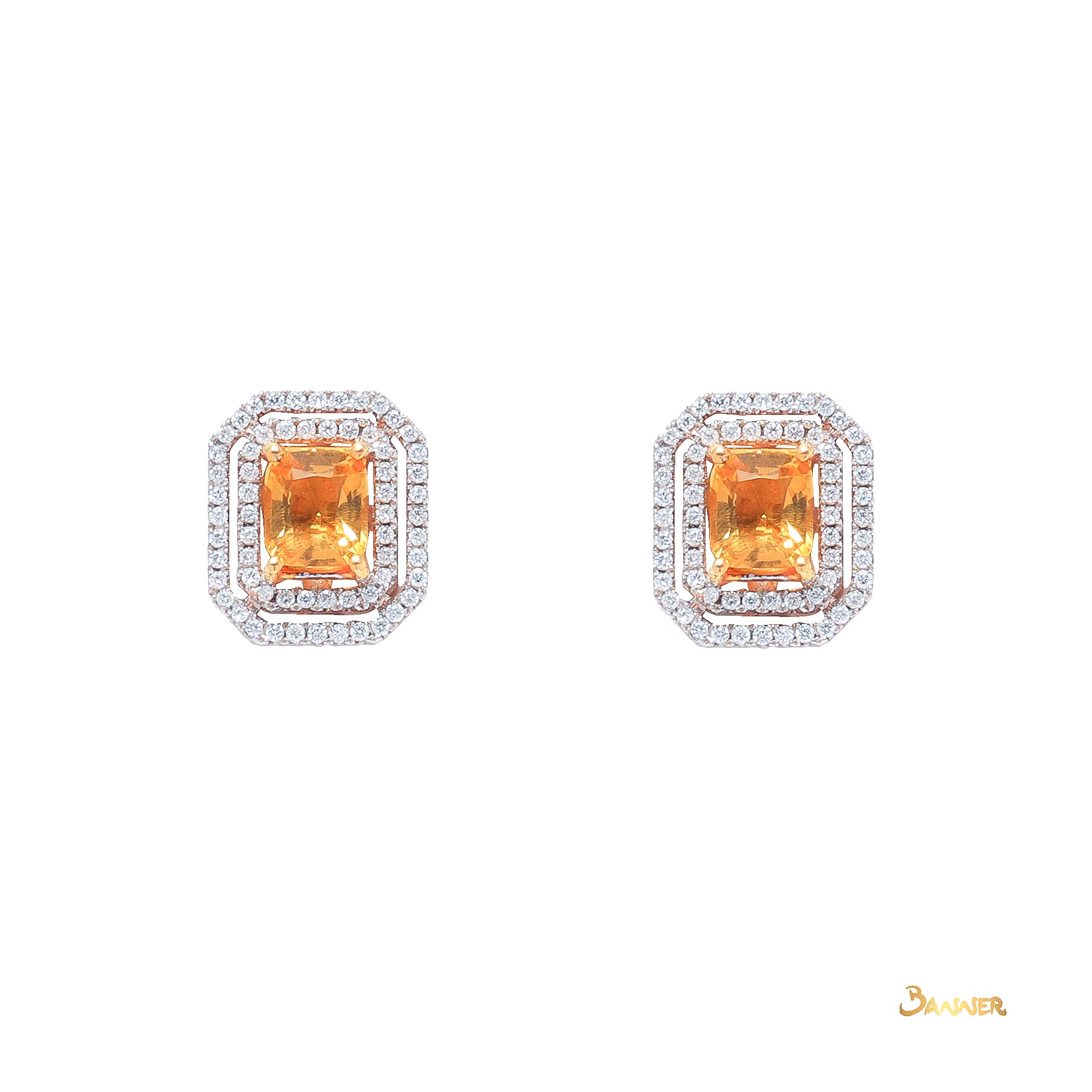 Emerald-cut Citrine and Diamond Double Halo Earrings