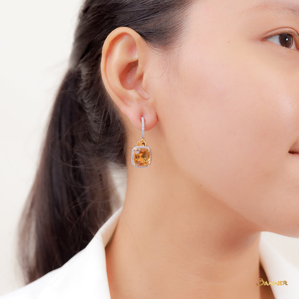 Citrine and Diamond Halo Dangle Earrings