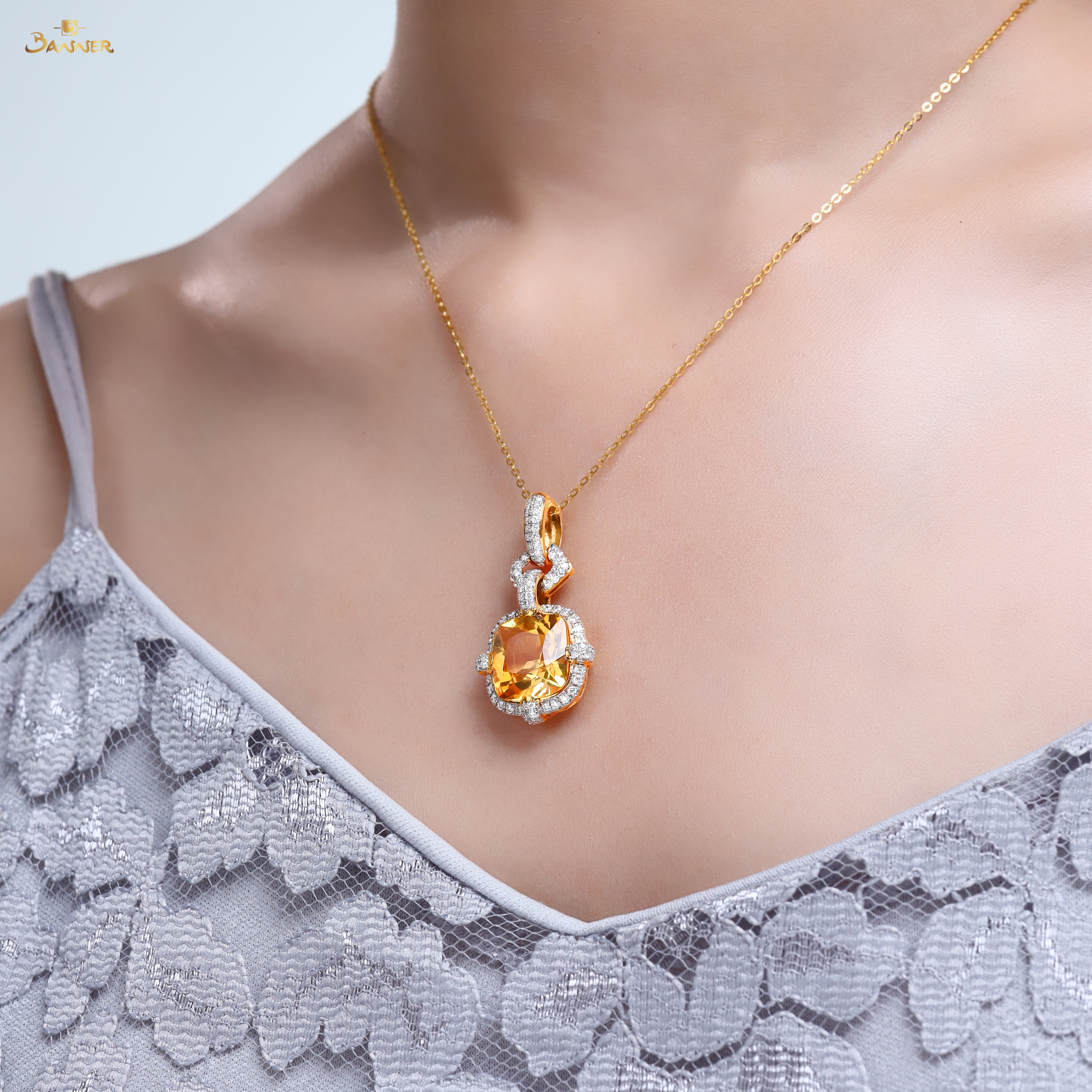 Citrine and Diamond Linked Halo Pendant
