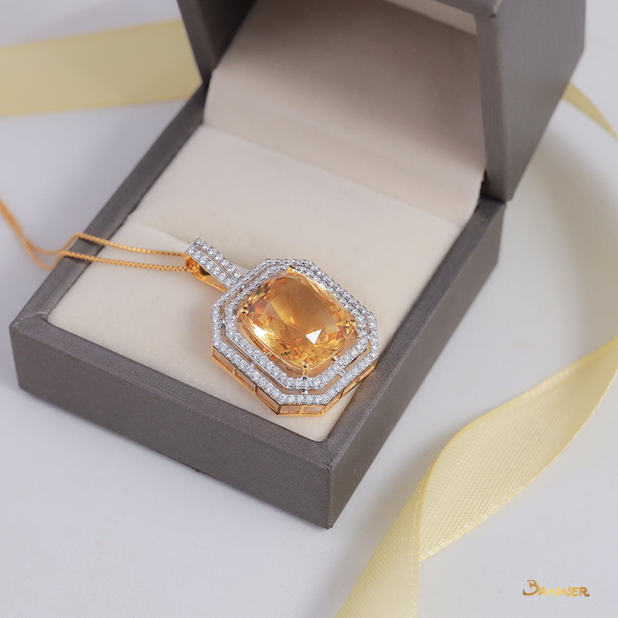 Citrine and Diamond Double Halo Pendant