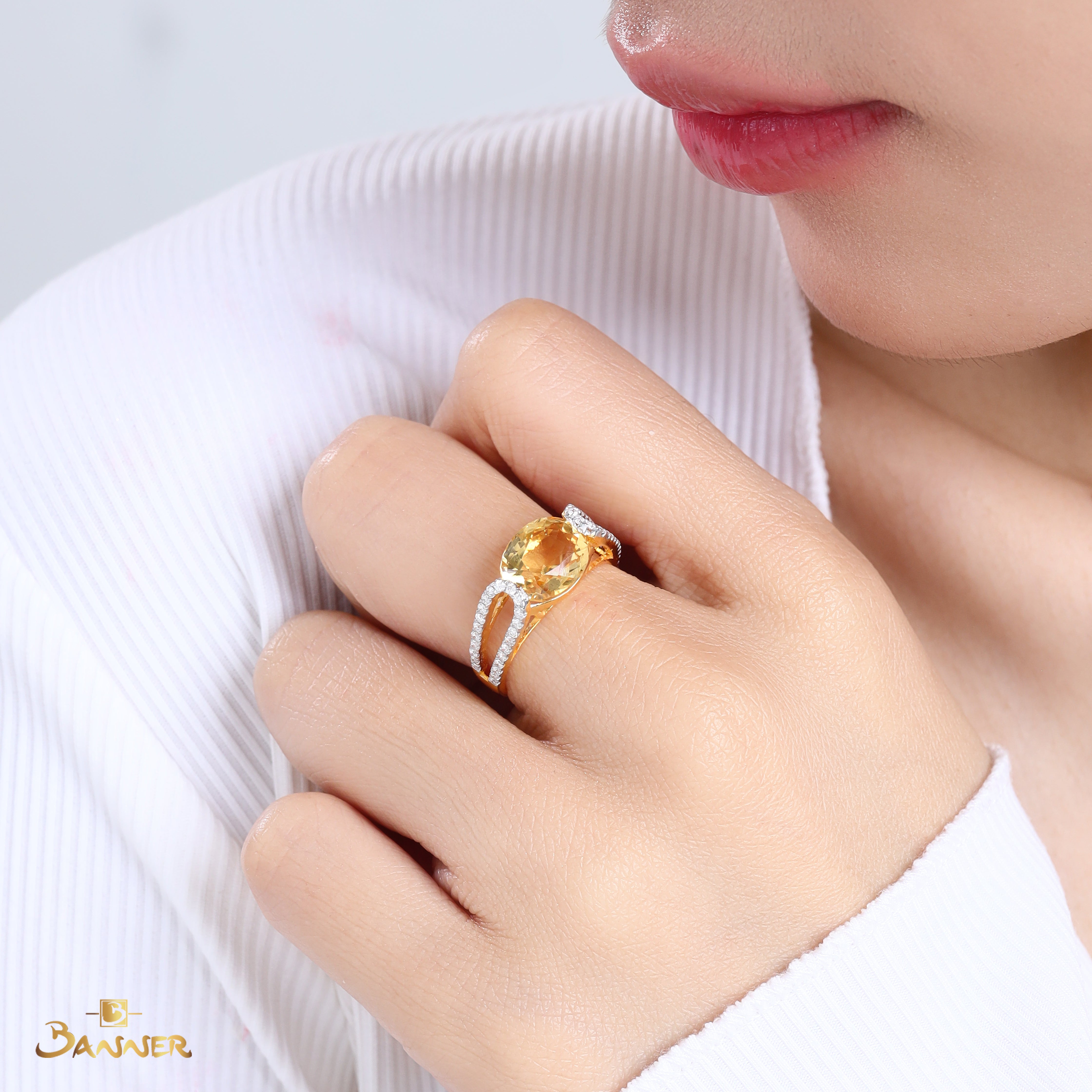 Citrine and Diamond Halo Ring