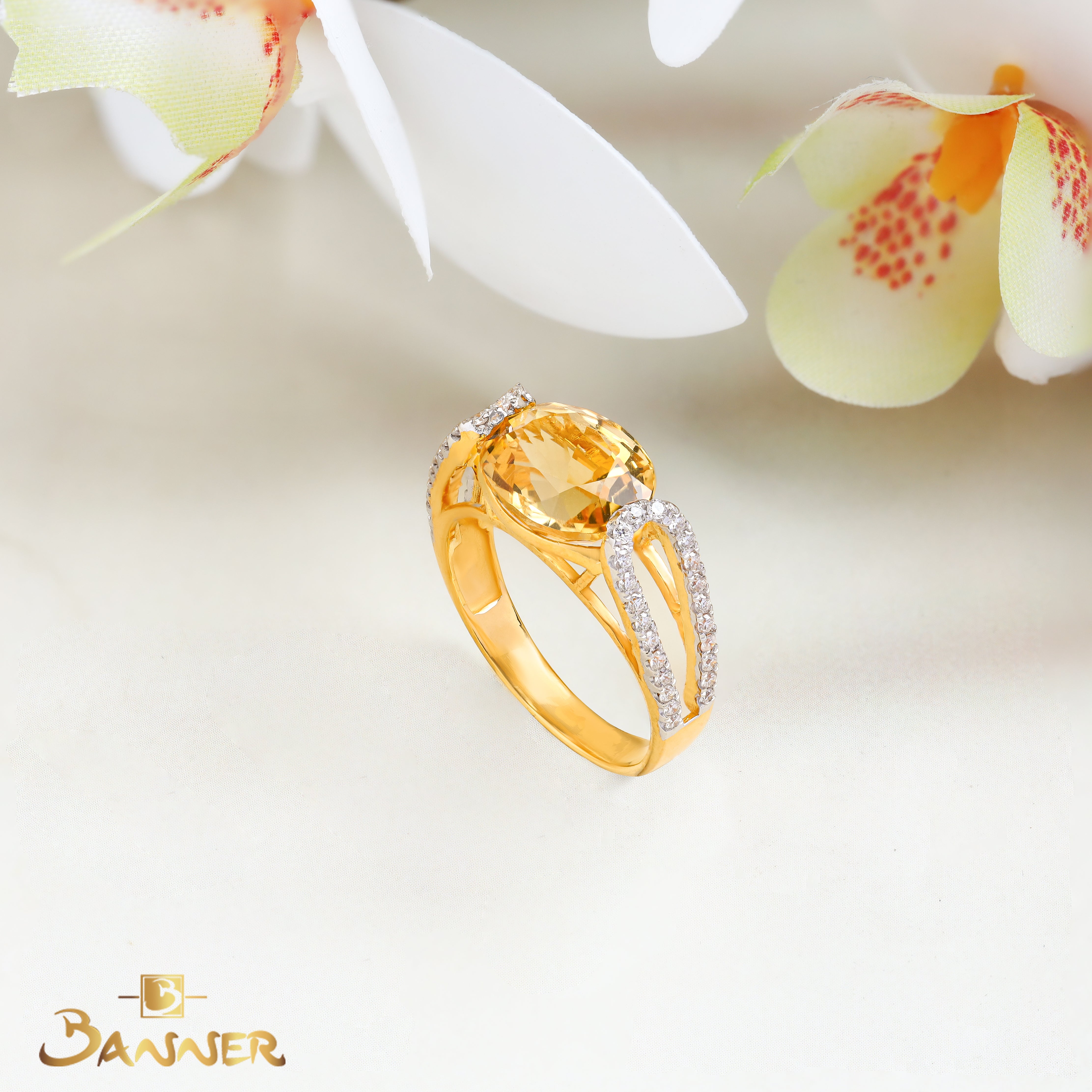Citrine and Diamond Halo Ring
