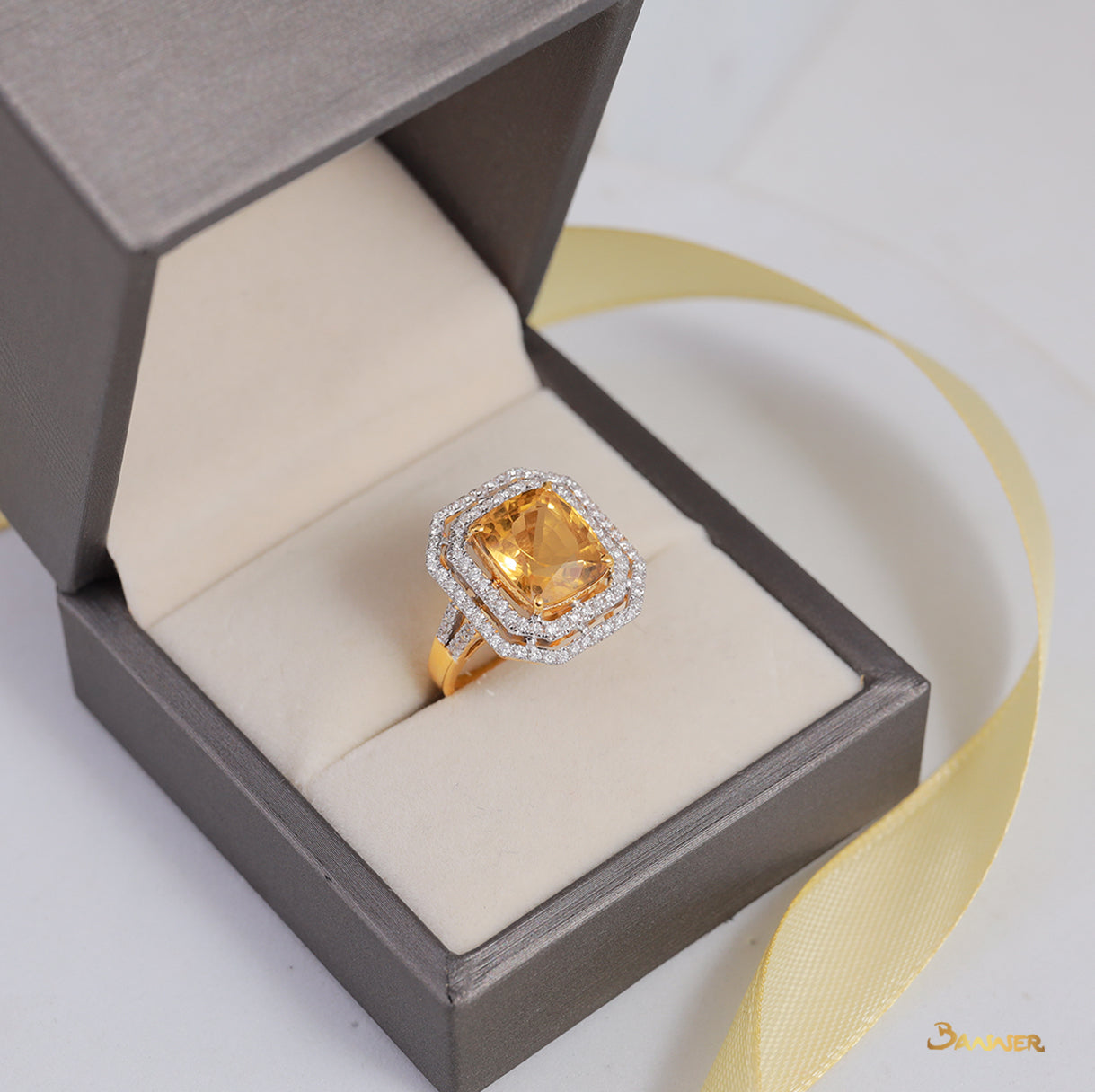 Citrine and Diamond Double Halo Ring