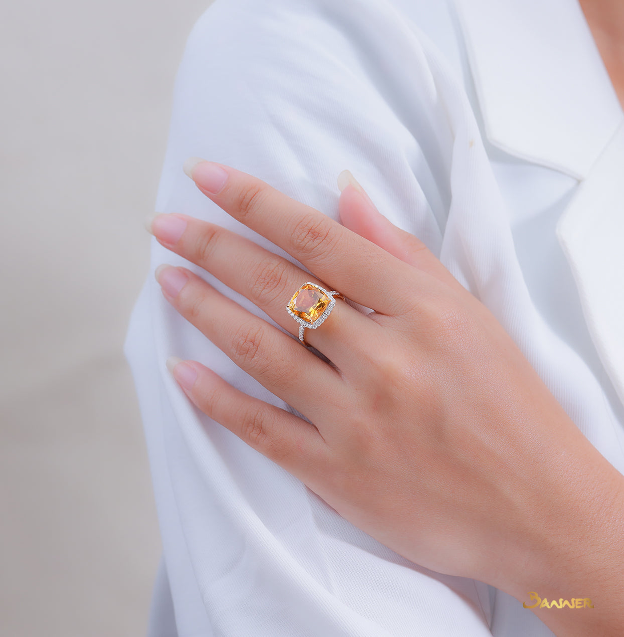 Citrine and Diamond Halo Ring