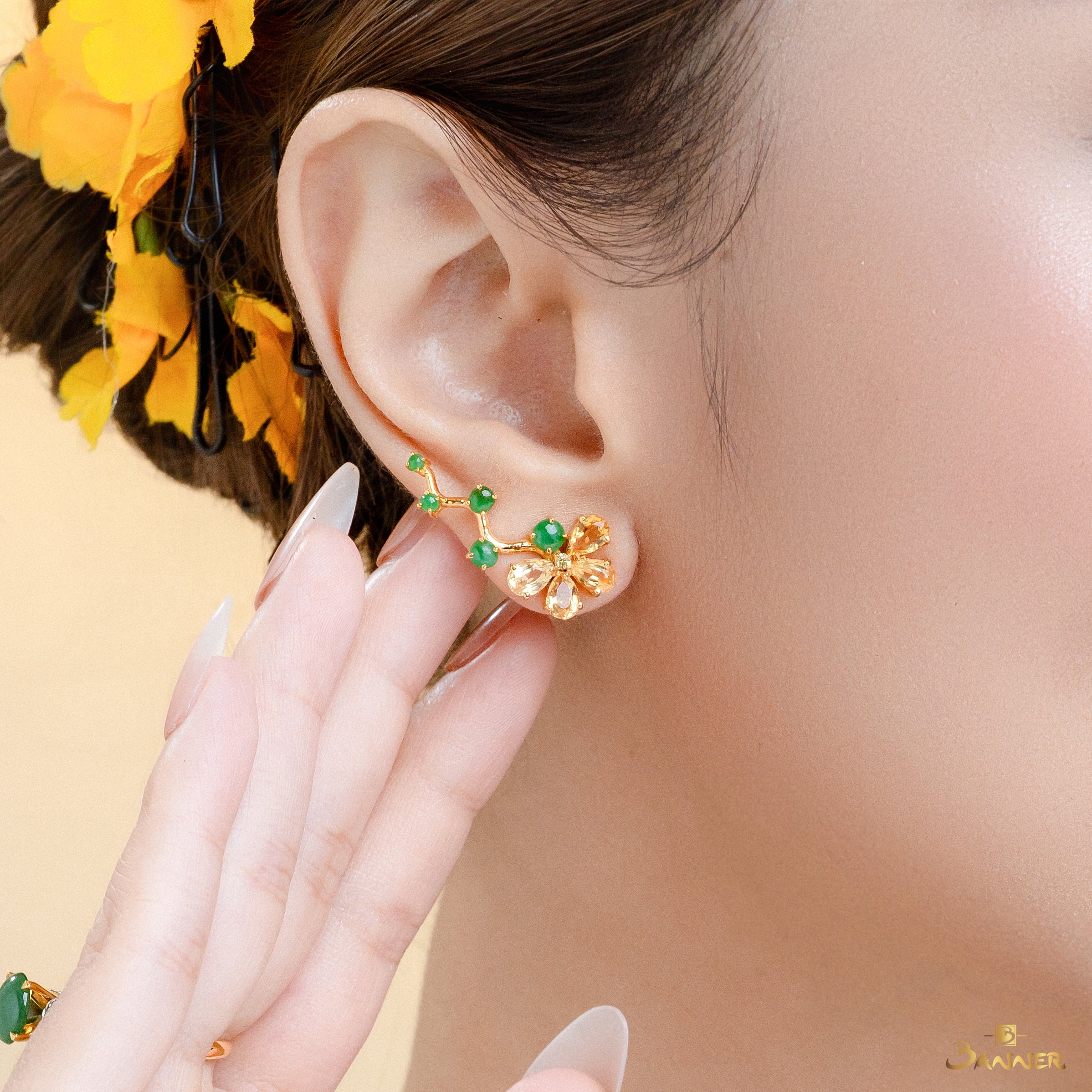 Citrine , Yellow Sapphire and Jade Floral Vine Earrings