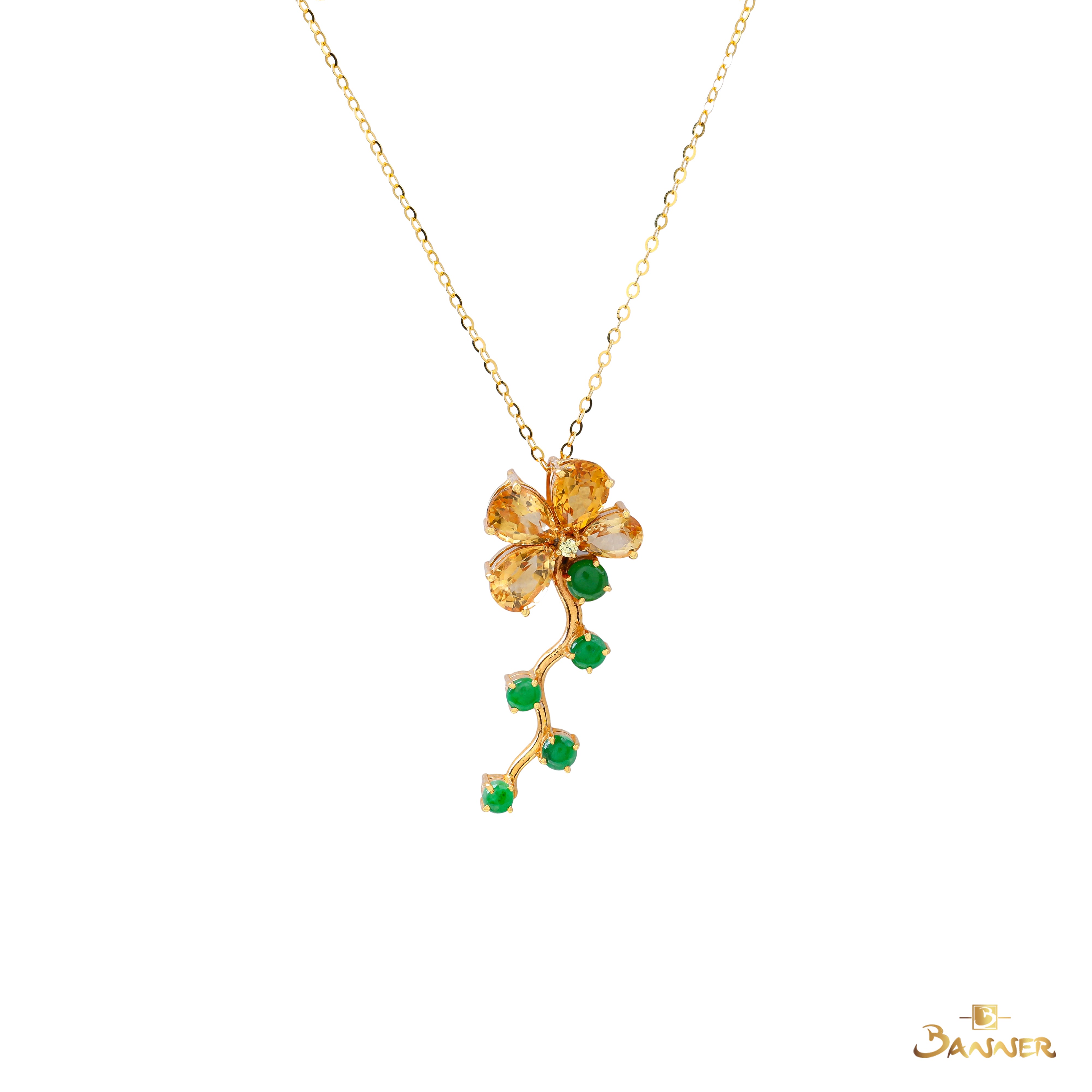 Citrine , Yellow Sapphire and Jade Floral Vine Pendant