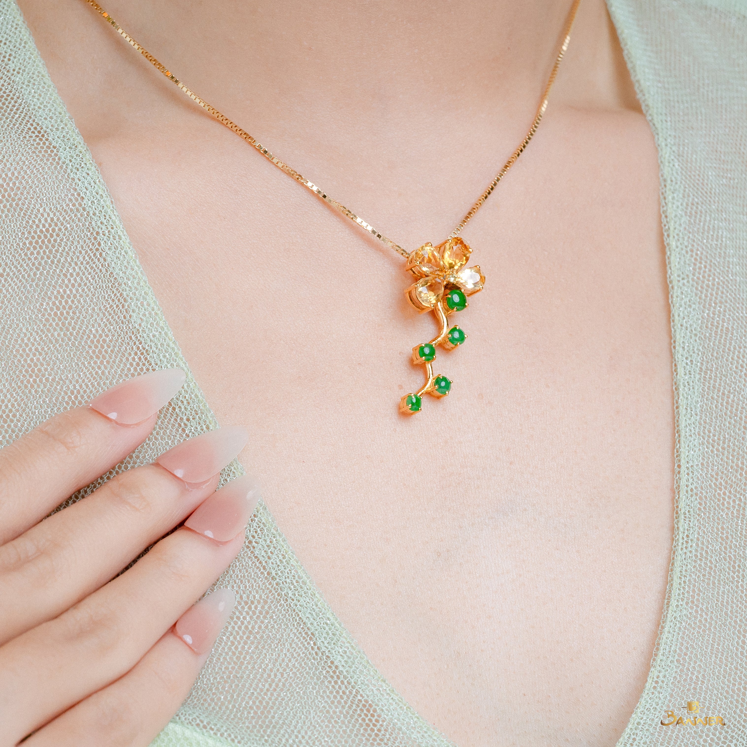 Citrine , Yellow Sapphire and Jade Floral Vine Pendant