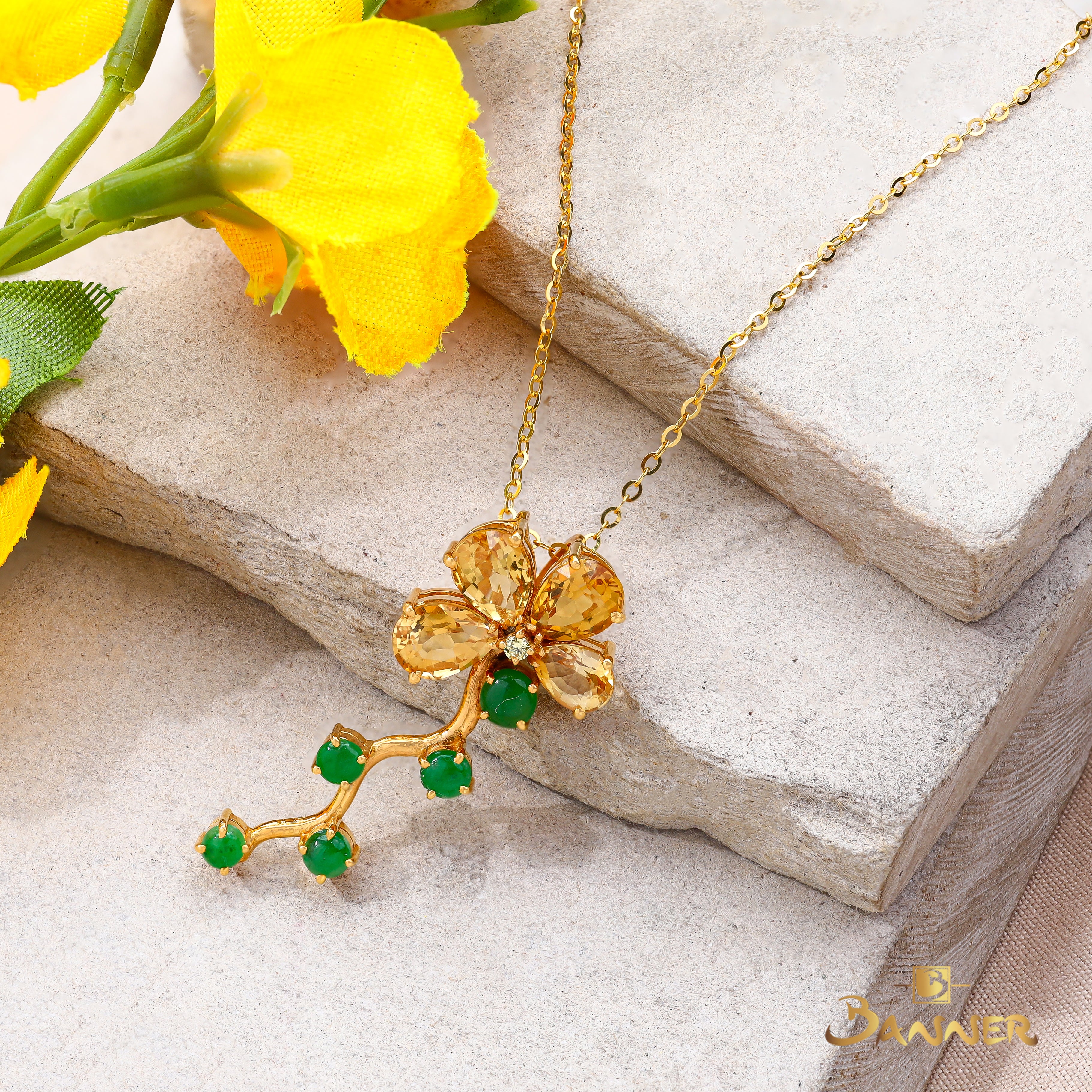 Citrine , Yellow Sapphire and Jade Floral Vine Pendant