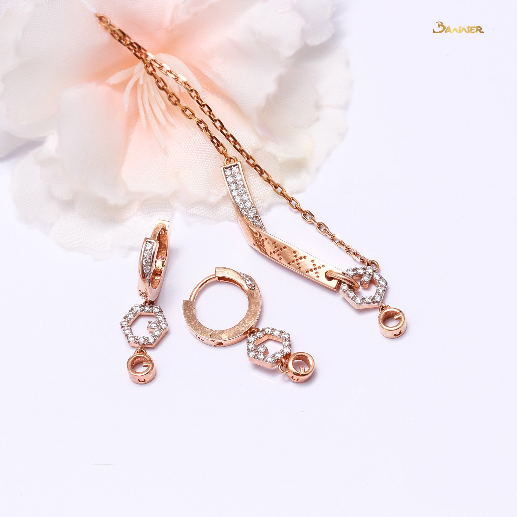 Diamond and Rose Gold Hexagonal Earrings