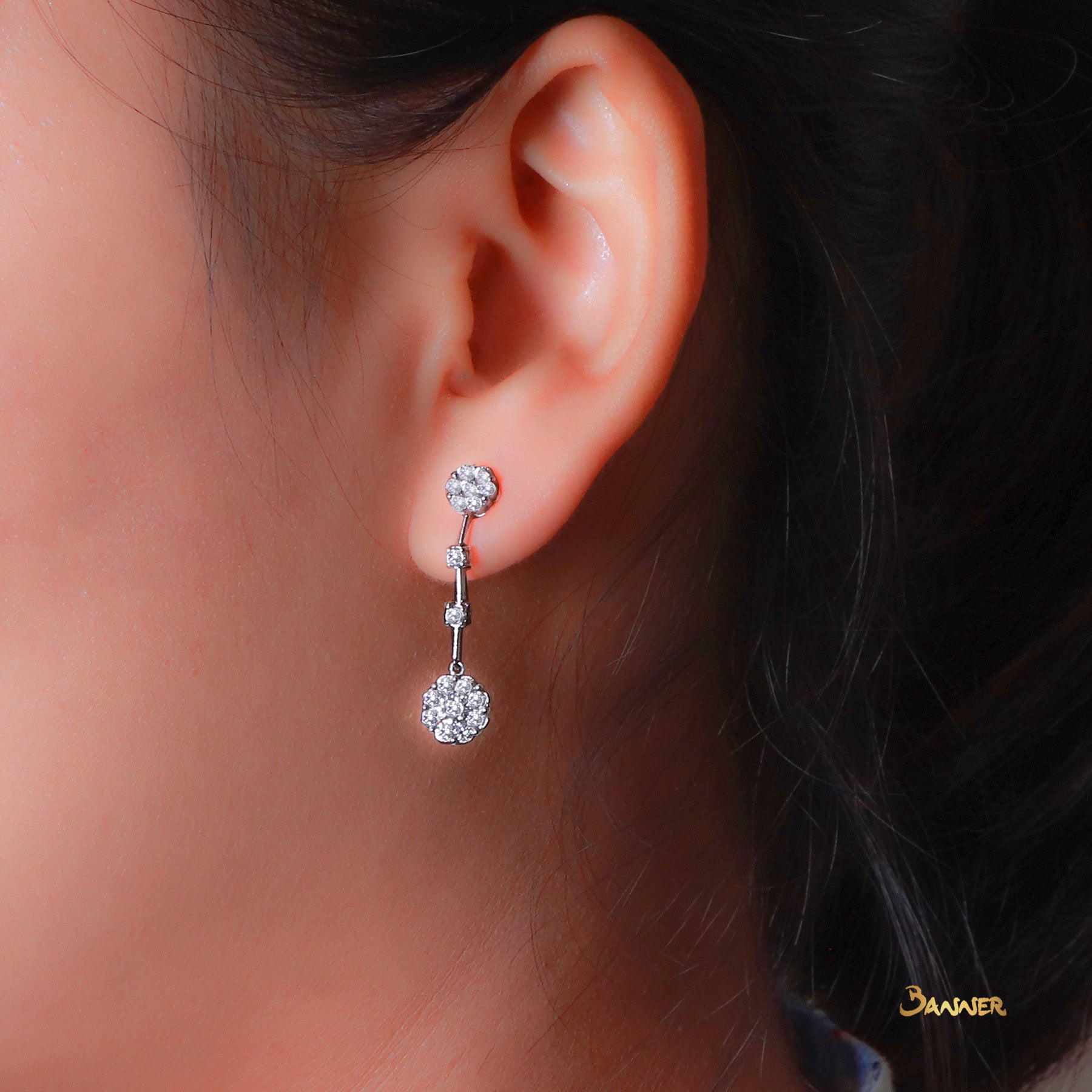 Diamond Flower Dangling Earrings