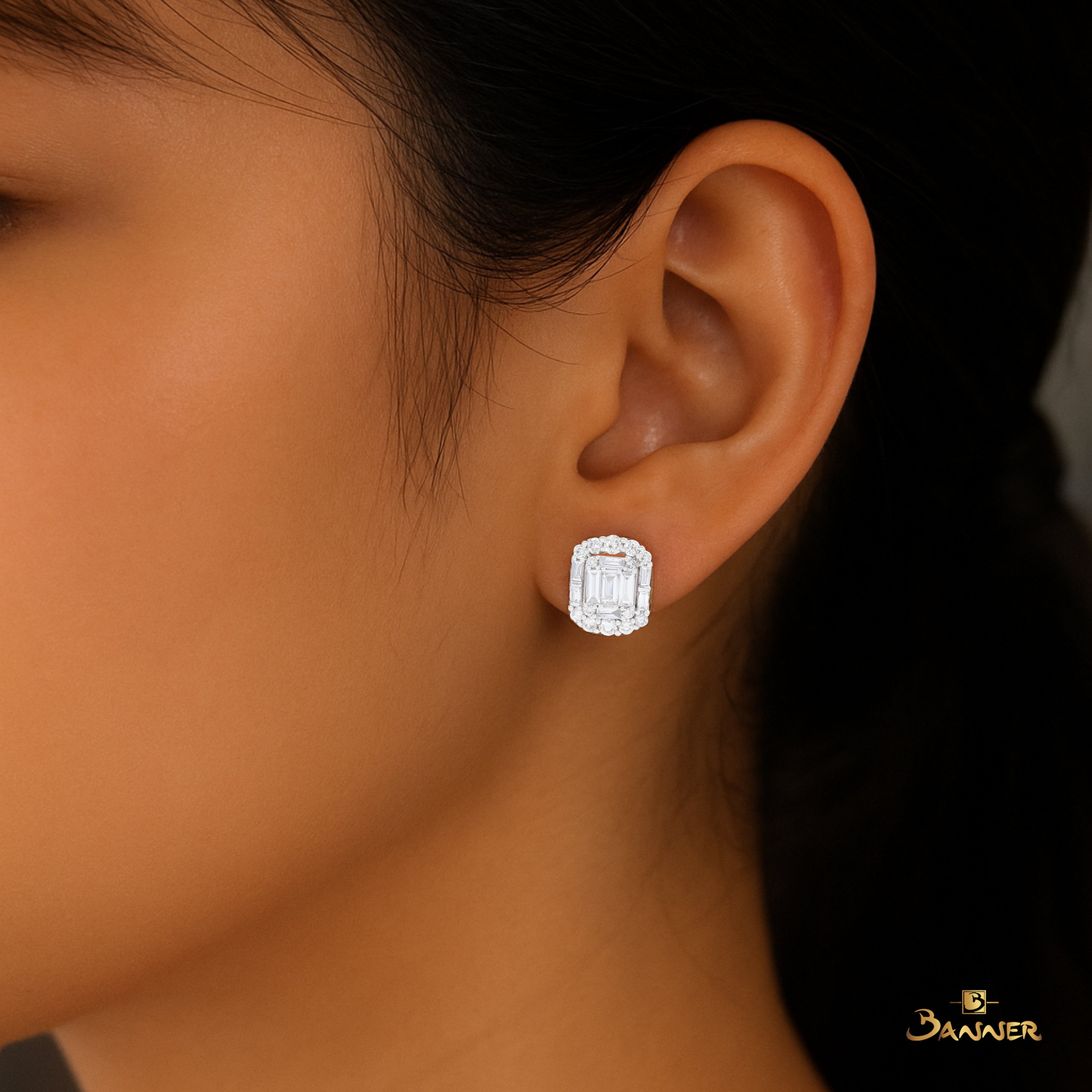 Diamond Baguette  Rectangle Halo Earrings