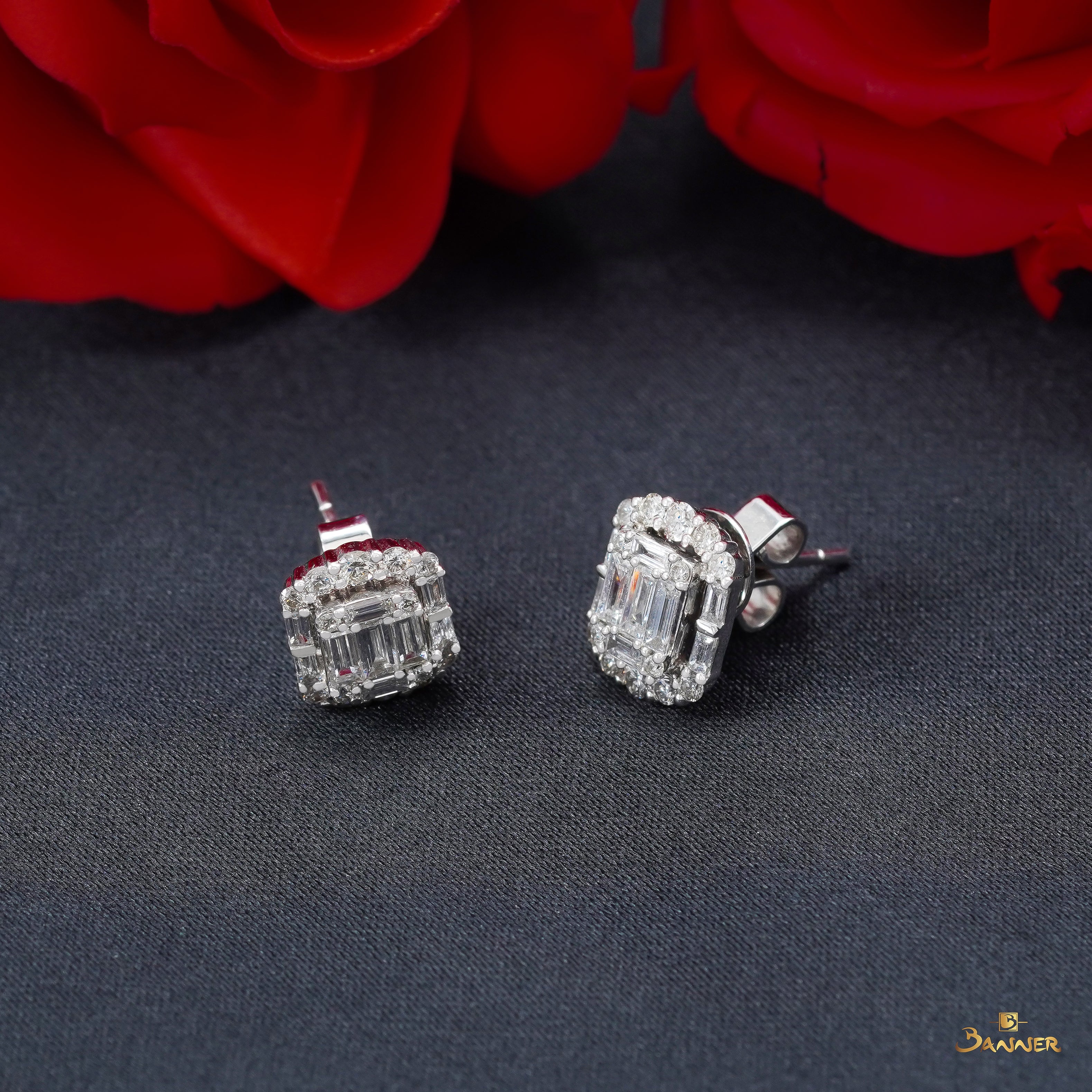 Diamond Baguette  Rectangle Halo Earrings