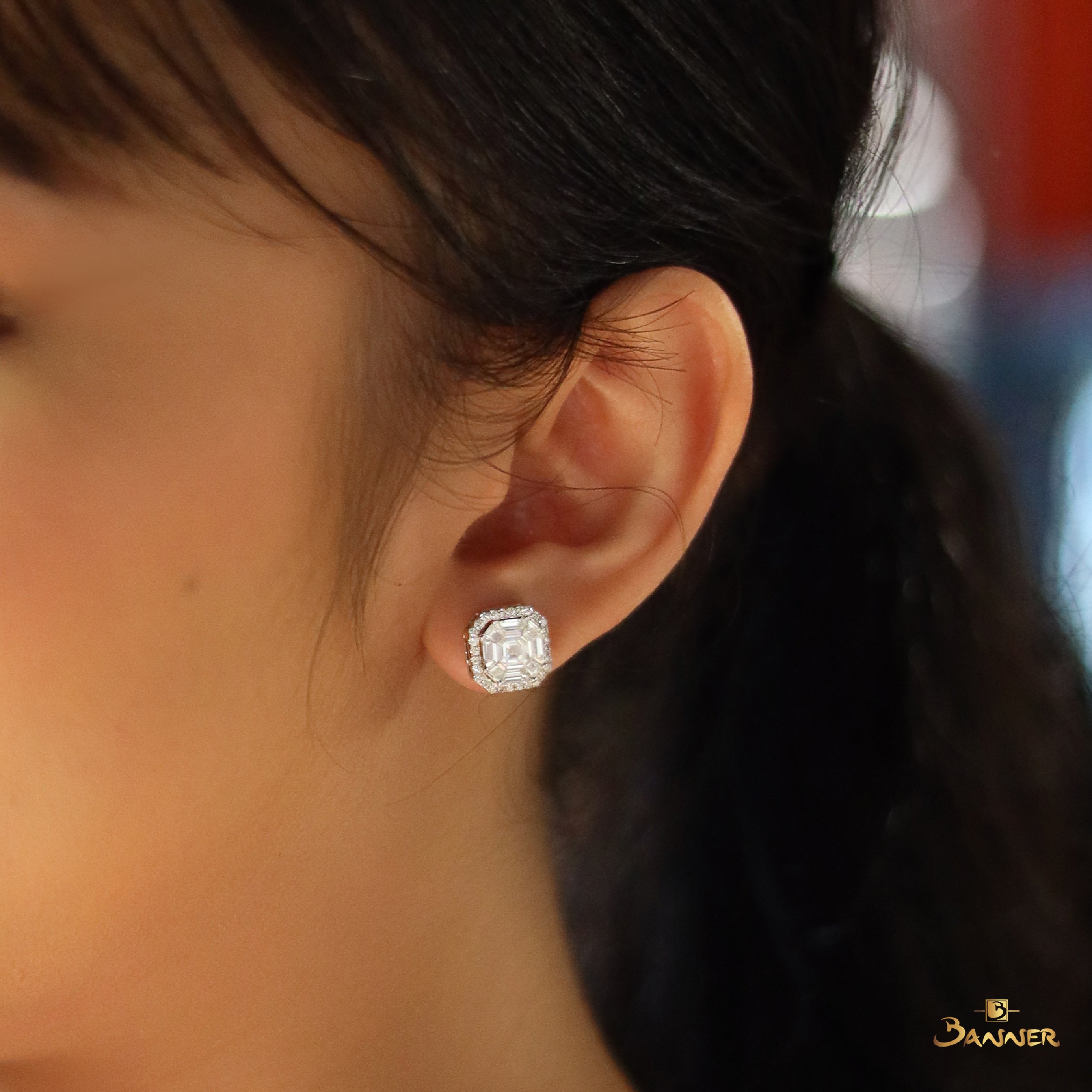 Diamond Baguette Hexara Halo Earrings