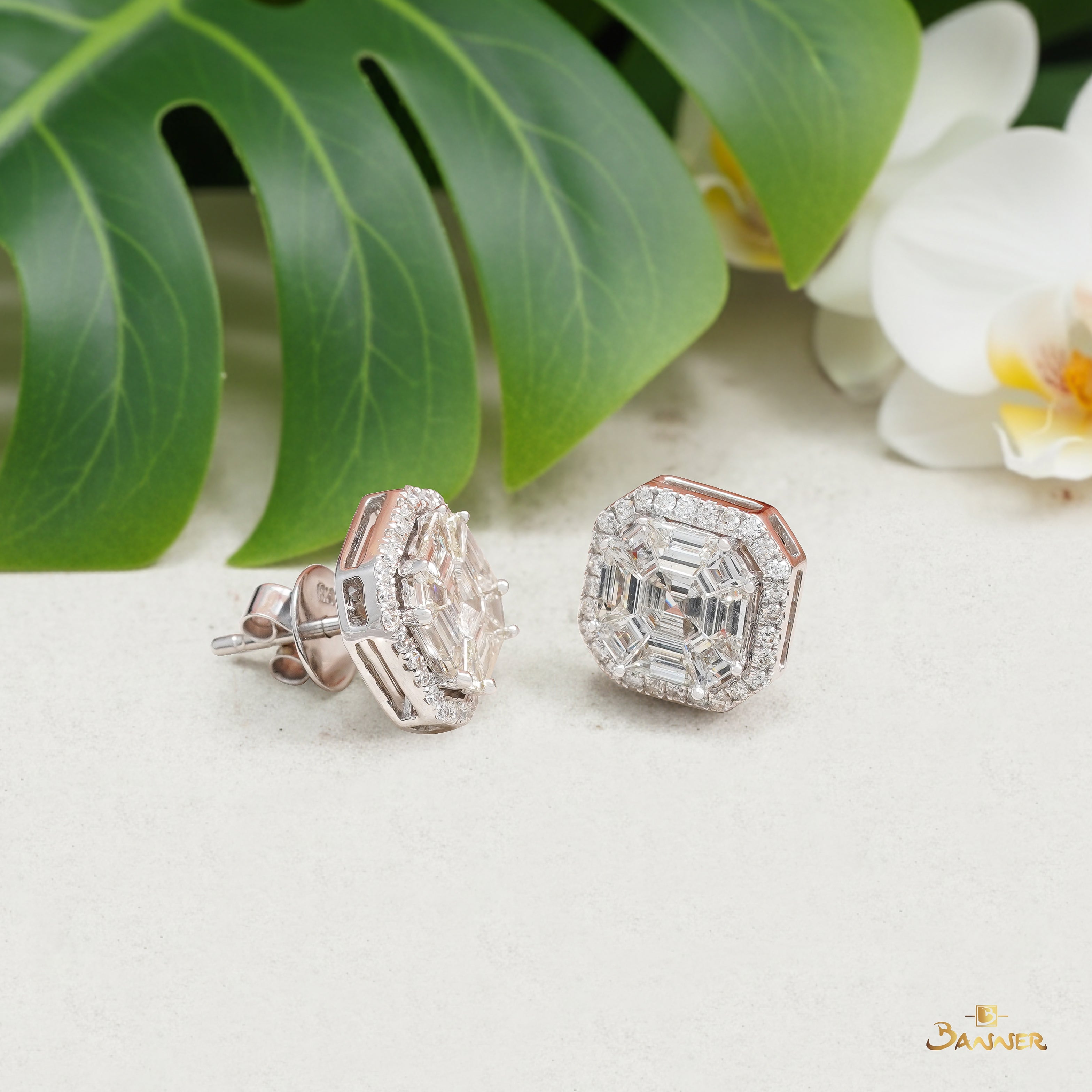 Diamond Baguette Hexara Halo Earrings