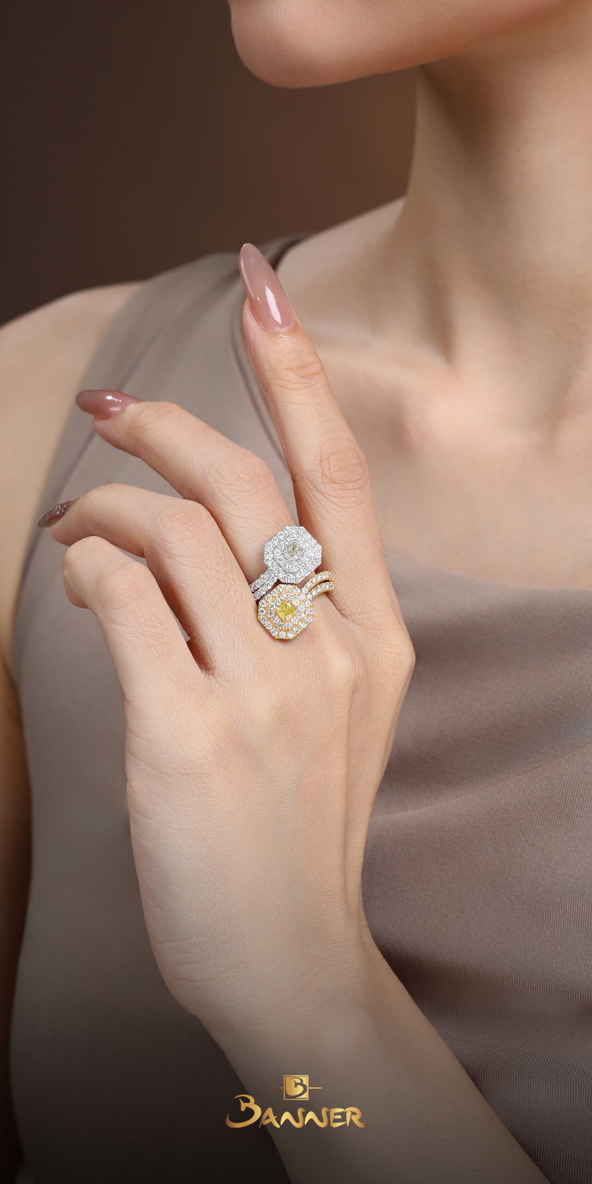 Diamond 2 Colored Double Halo Bypass Ring