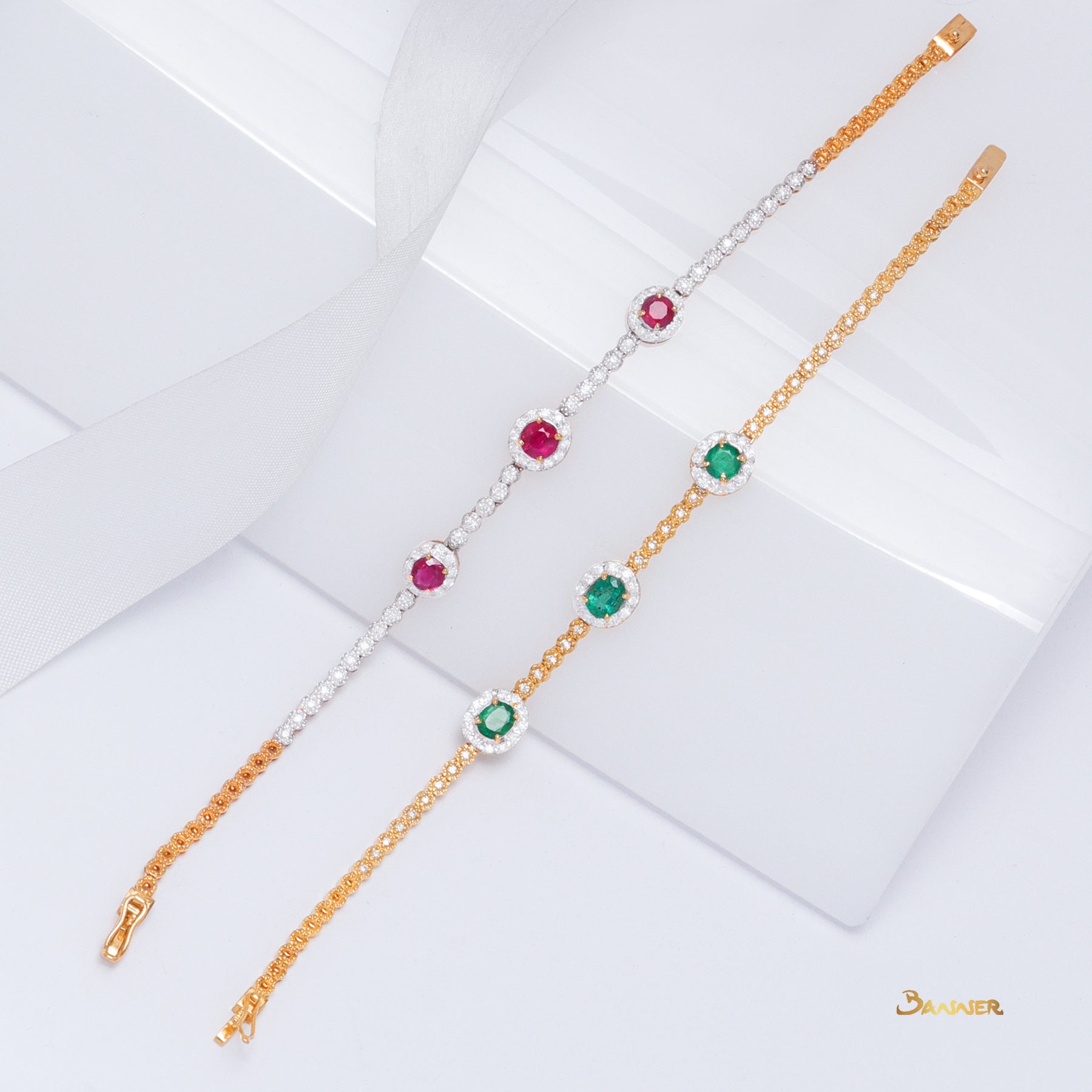 Emerald and Diamond 3-Step Halo Bracelet