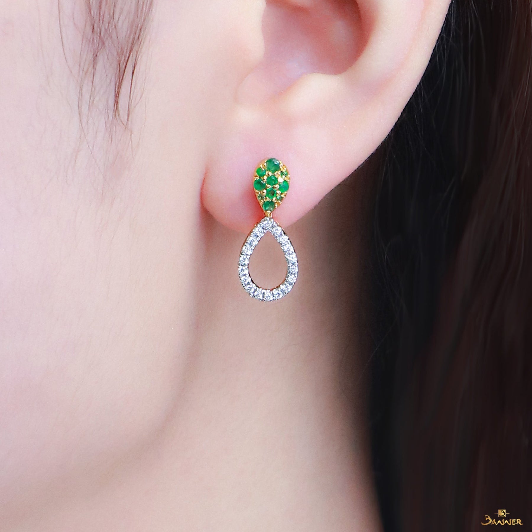 Emerald and Diamond 3-way Rain-drop Earrings