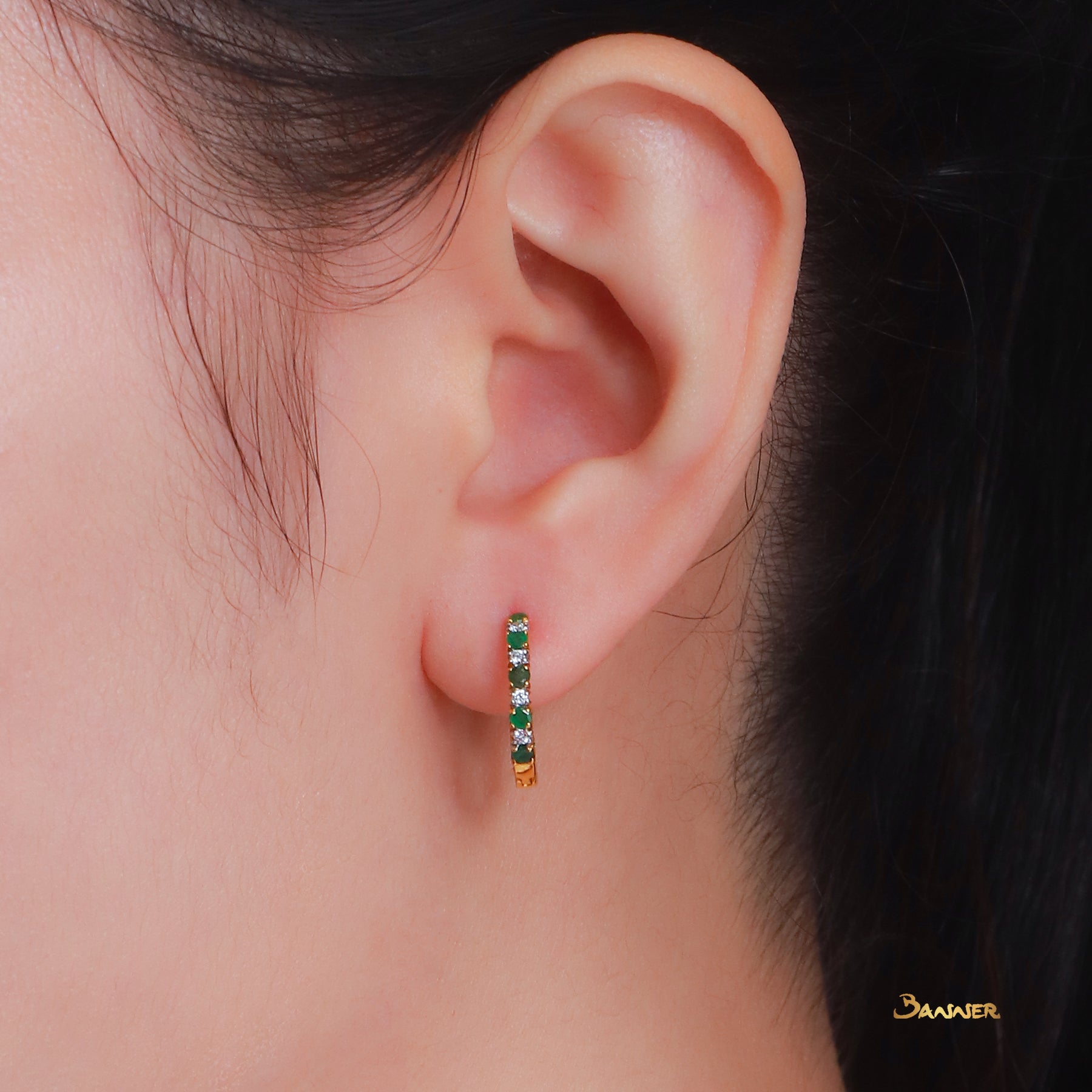 Emerald and Diamond Huggie Earrings