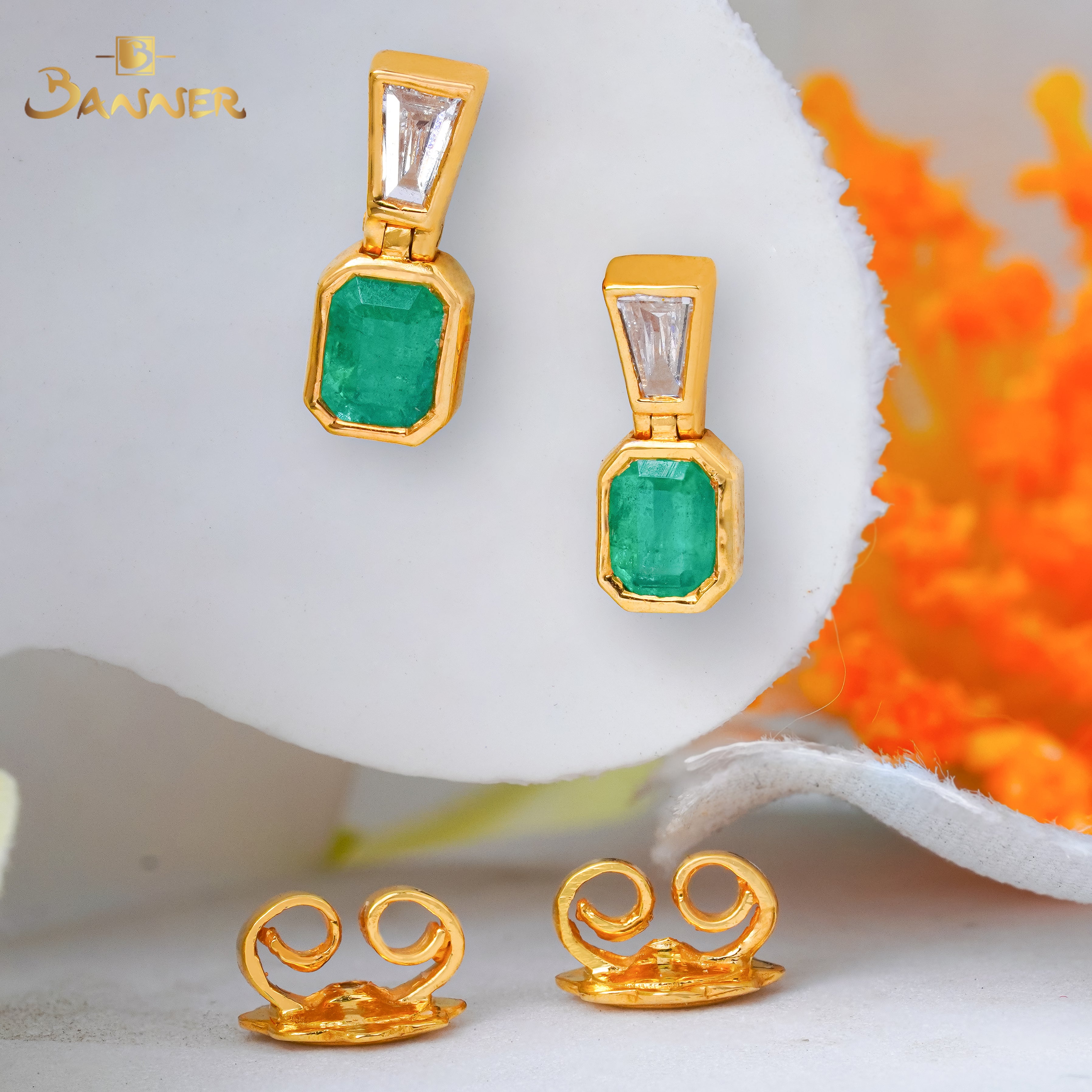Emerald and Diamond Octagon Earrings