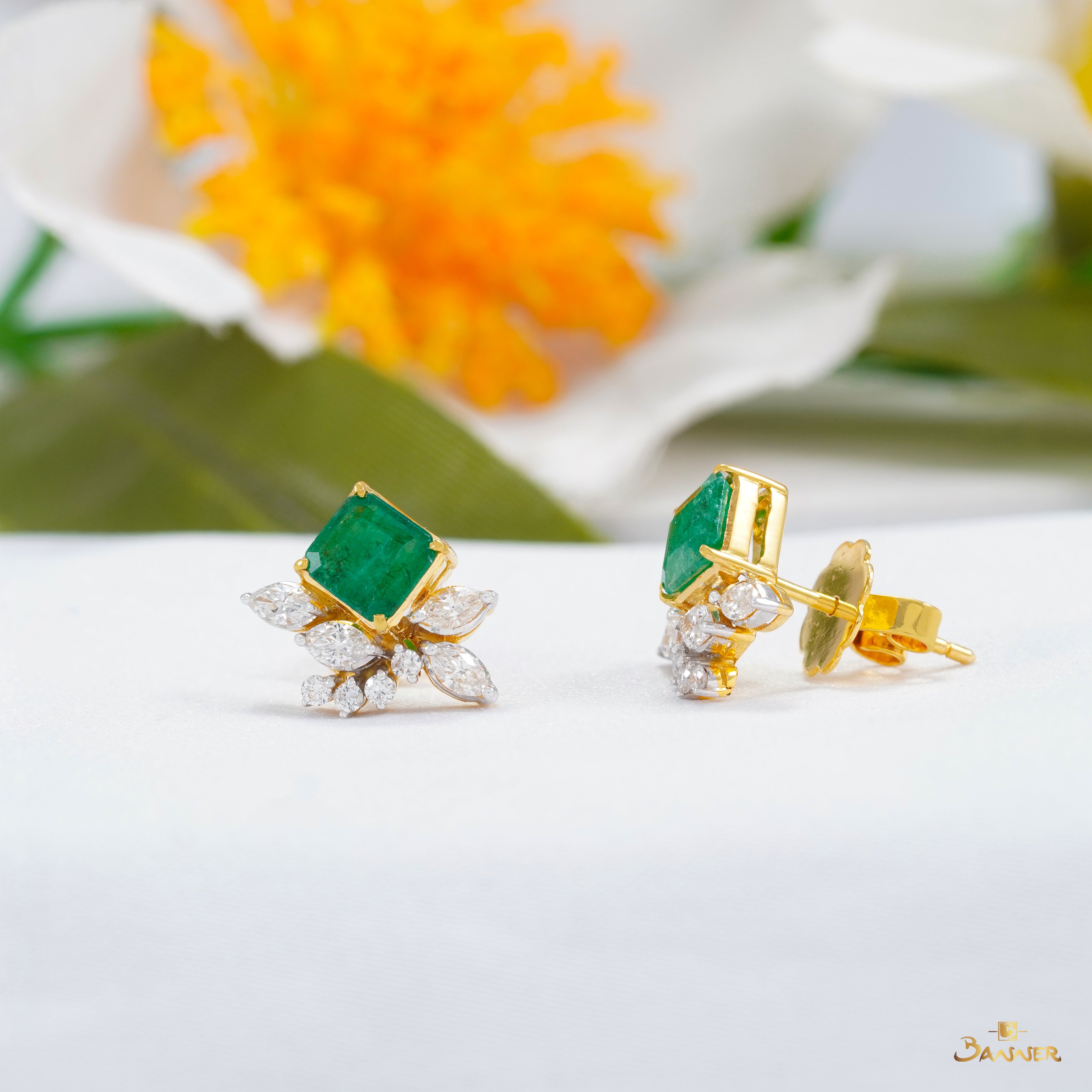 Emerald and Diamond Cluster Earrings