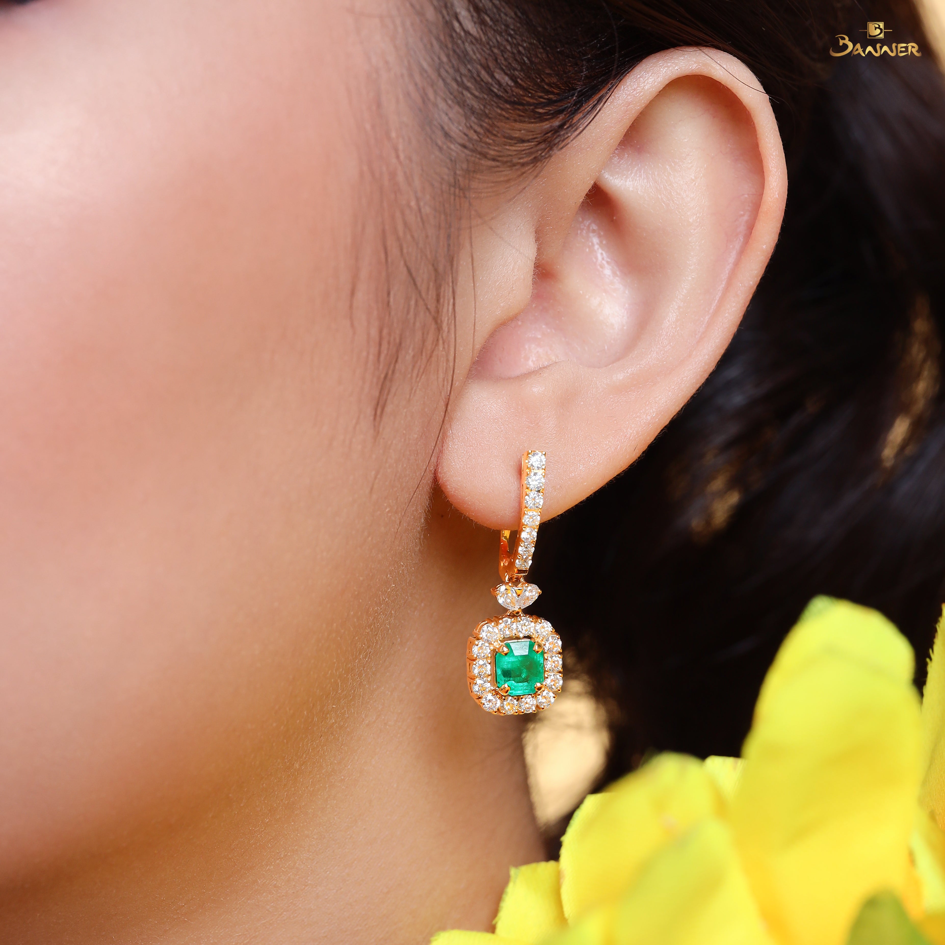 Columbia Emerald and Pear Diamond Halo Dangle Earrings