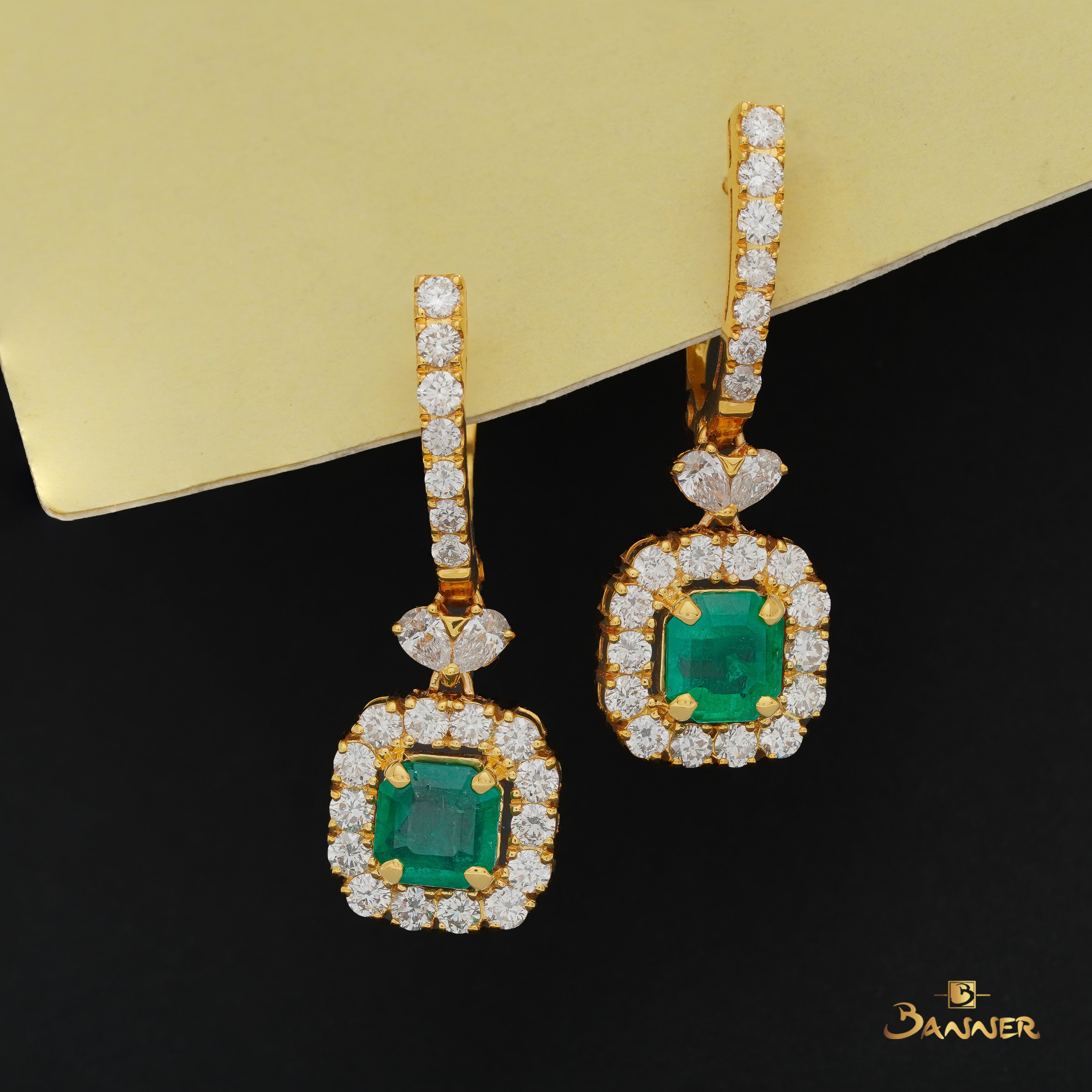 Columbia Emerald and Pear Diamond Halo Dangle Earrings