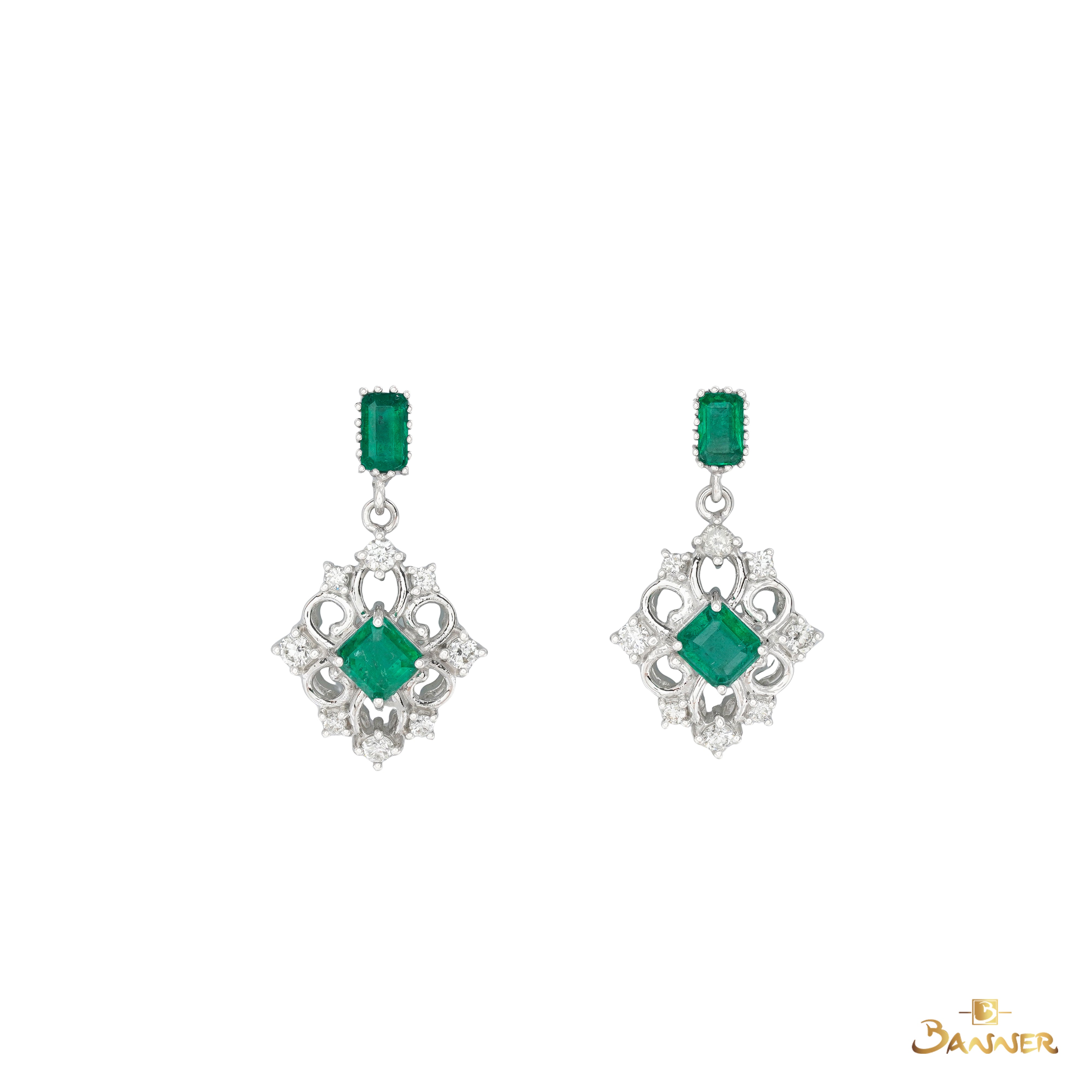 Emerald and Diamond Vintage Halo Dangle Earrings