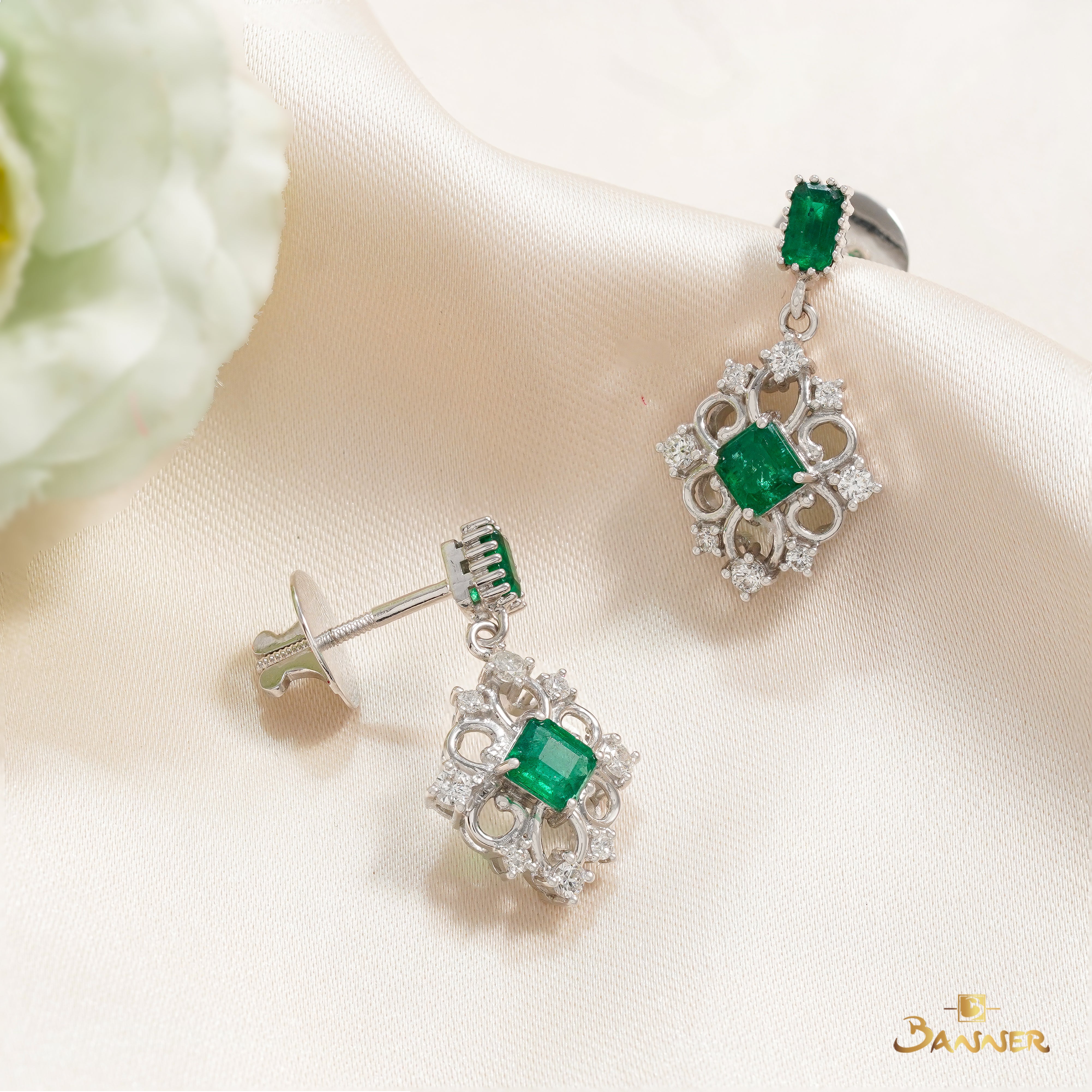 Emerald and Diamond Vintage Halo Dangle Earrings