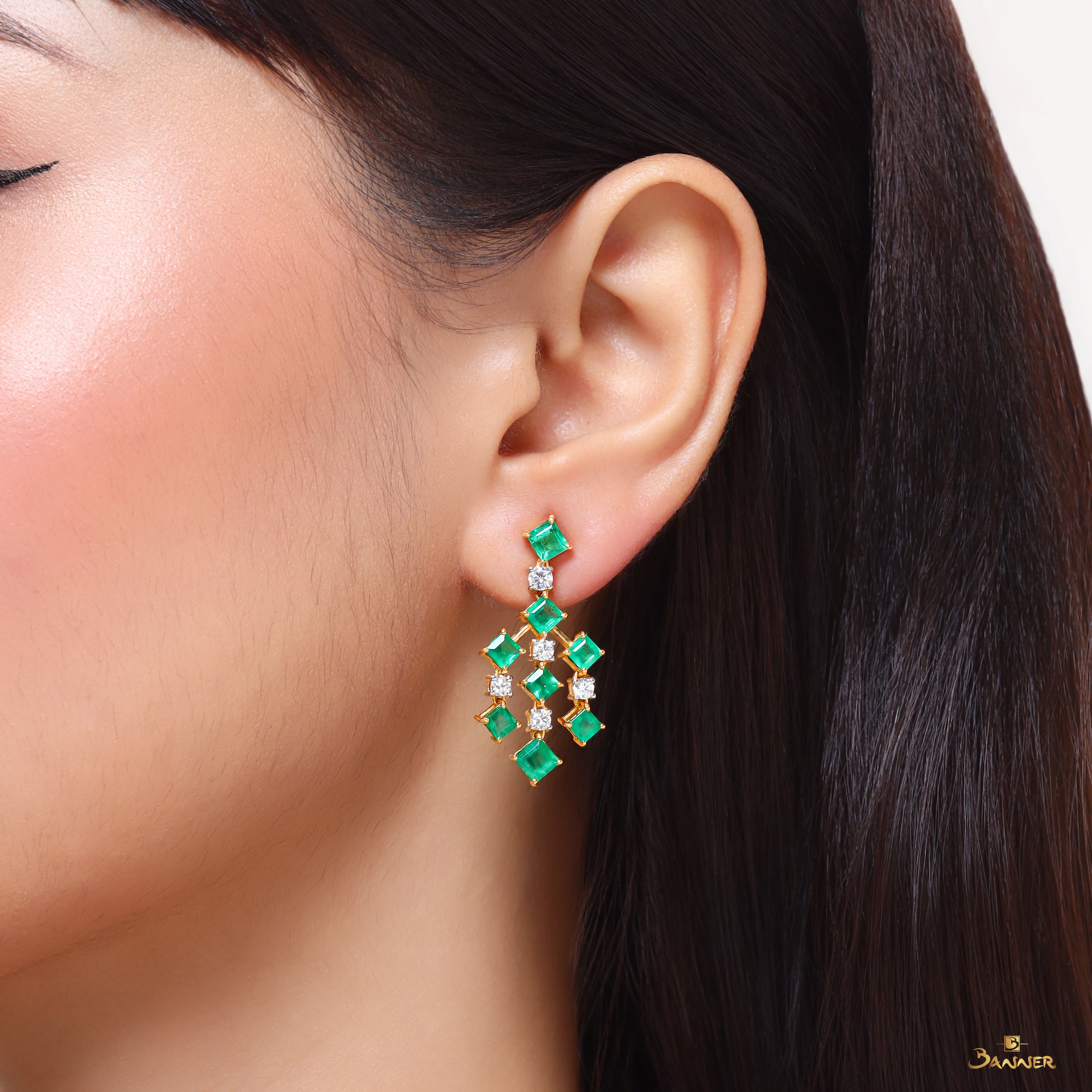 Emerald and Diamond Rhombus Cluster Earrings