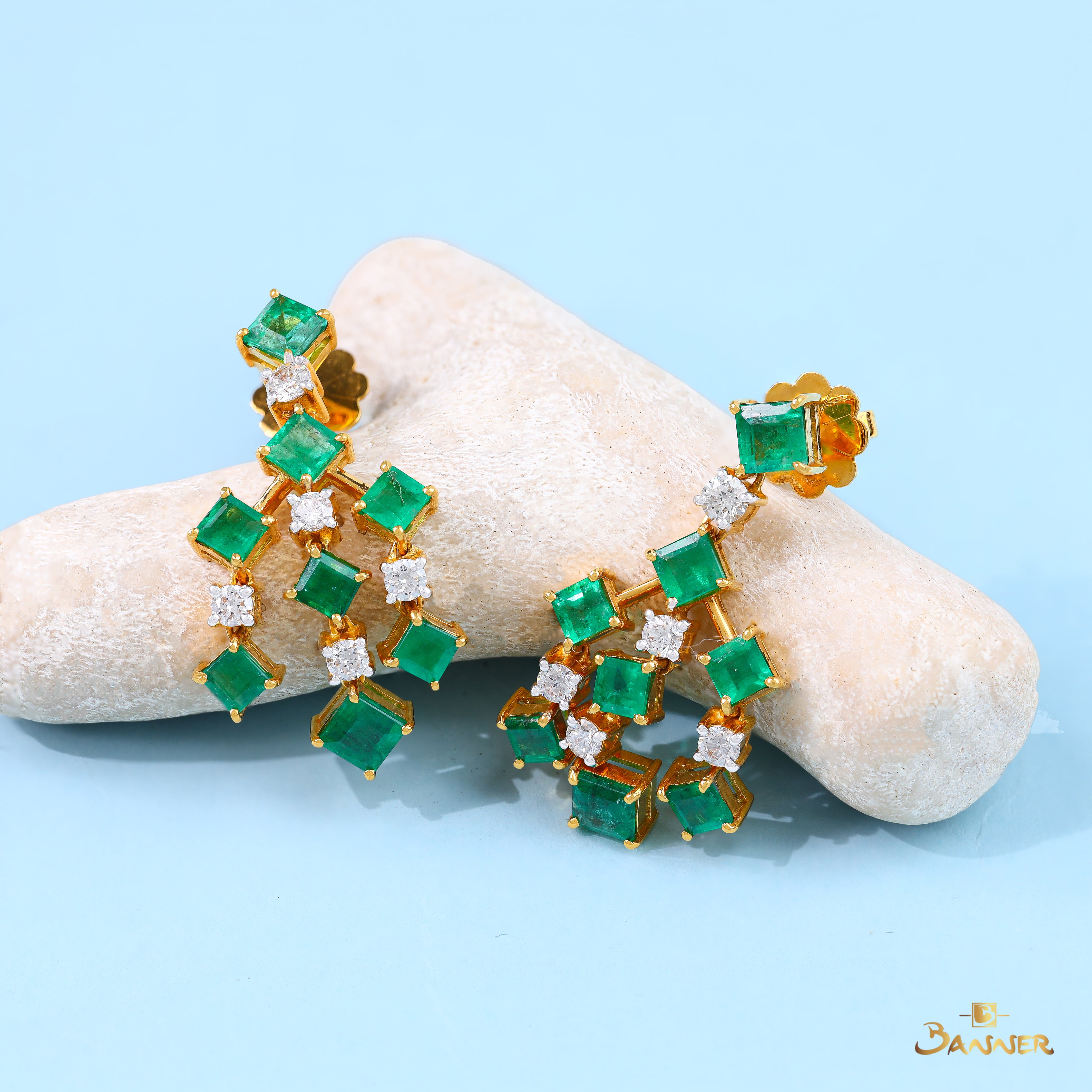 Emerald and Diamond Rhombus Cluster Earrings