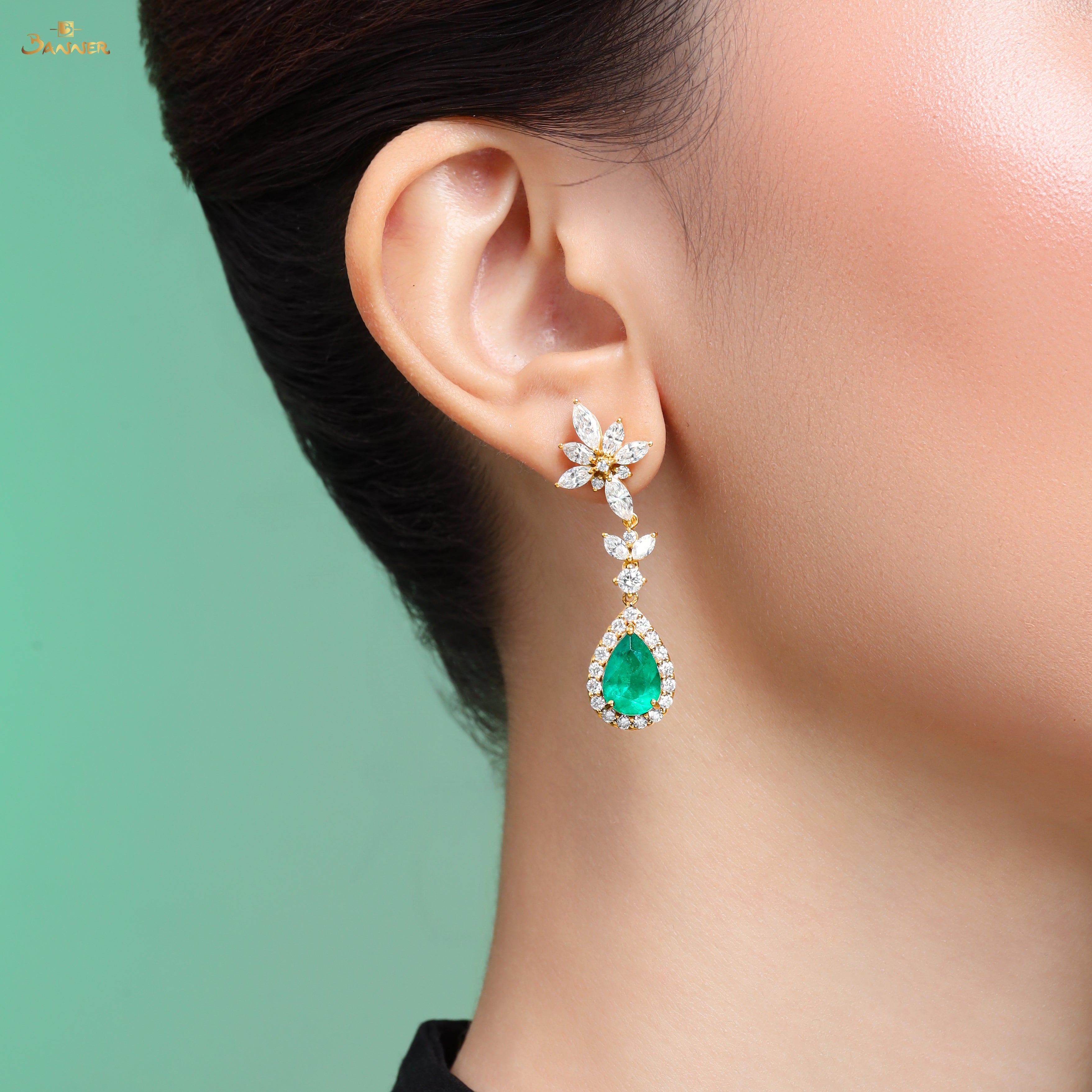Columbia Emerald and Diamond Raindrop Halo Earrings