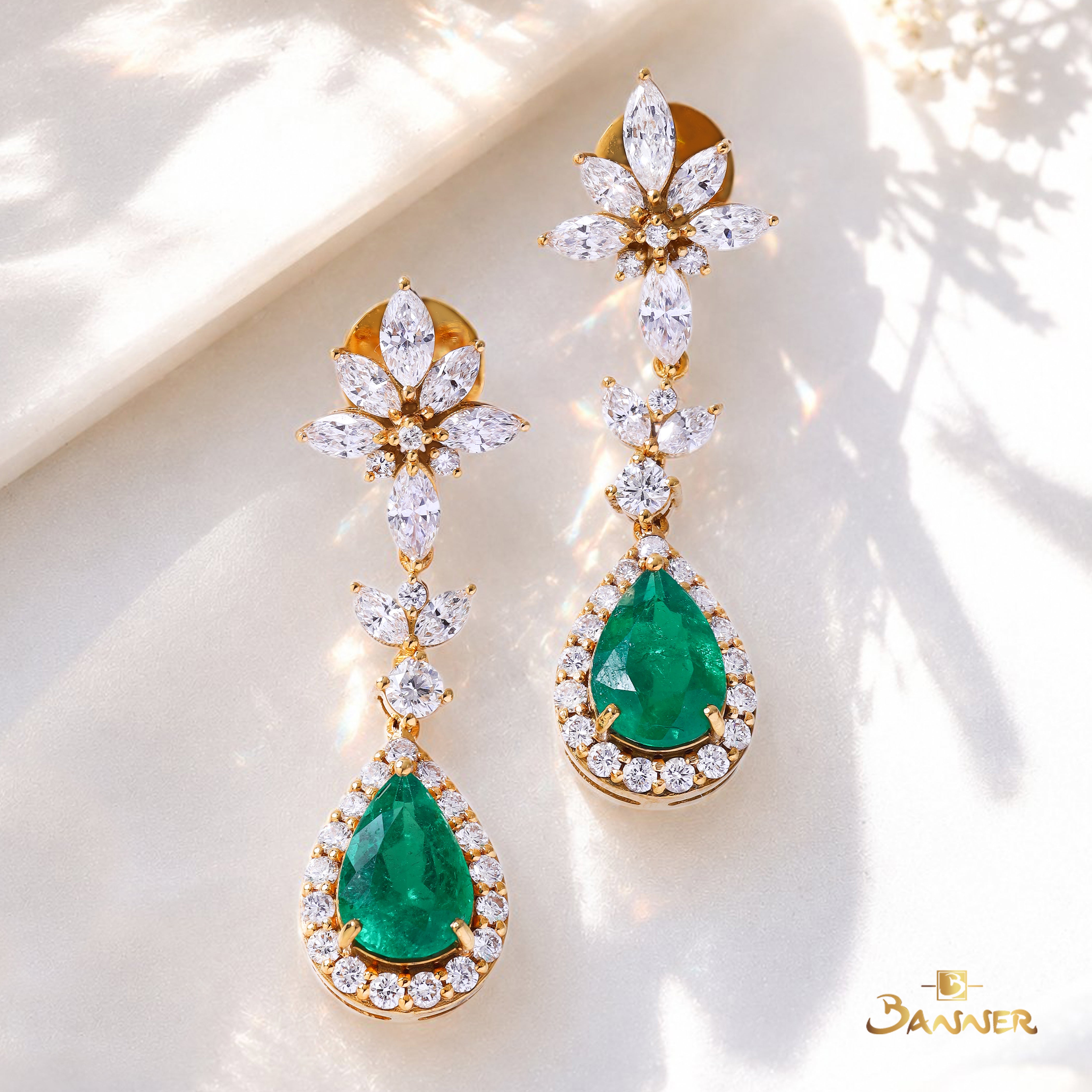 Columbia Emerald and Diamond Raindrop Halo Earrings