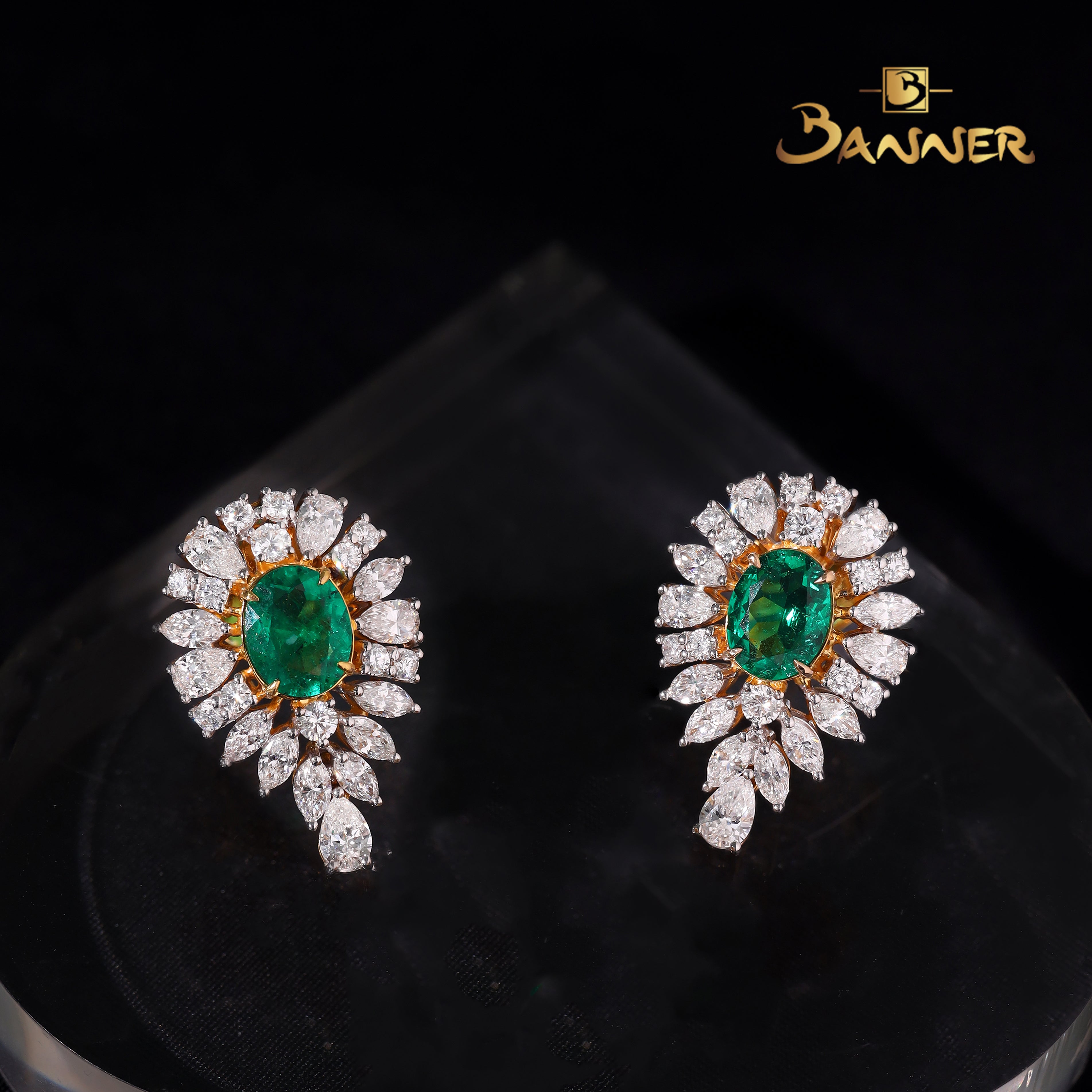 Columbian Emerald Oval and Diamond Earrings
