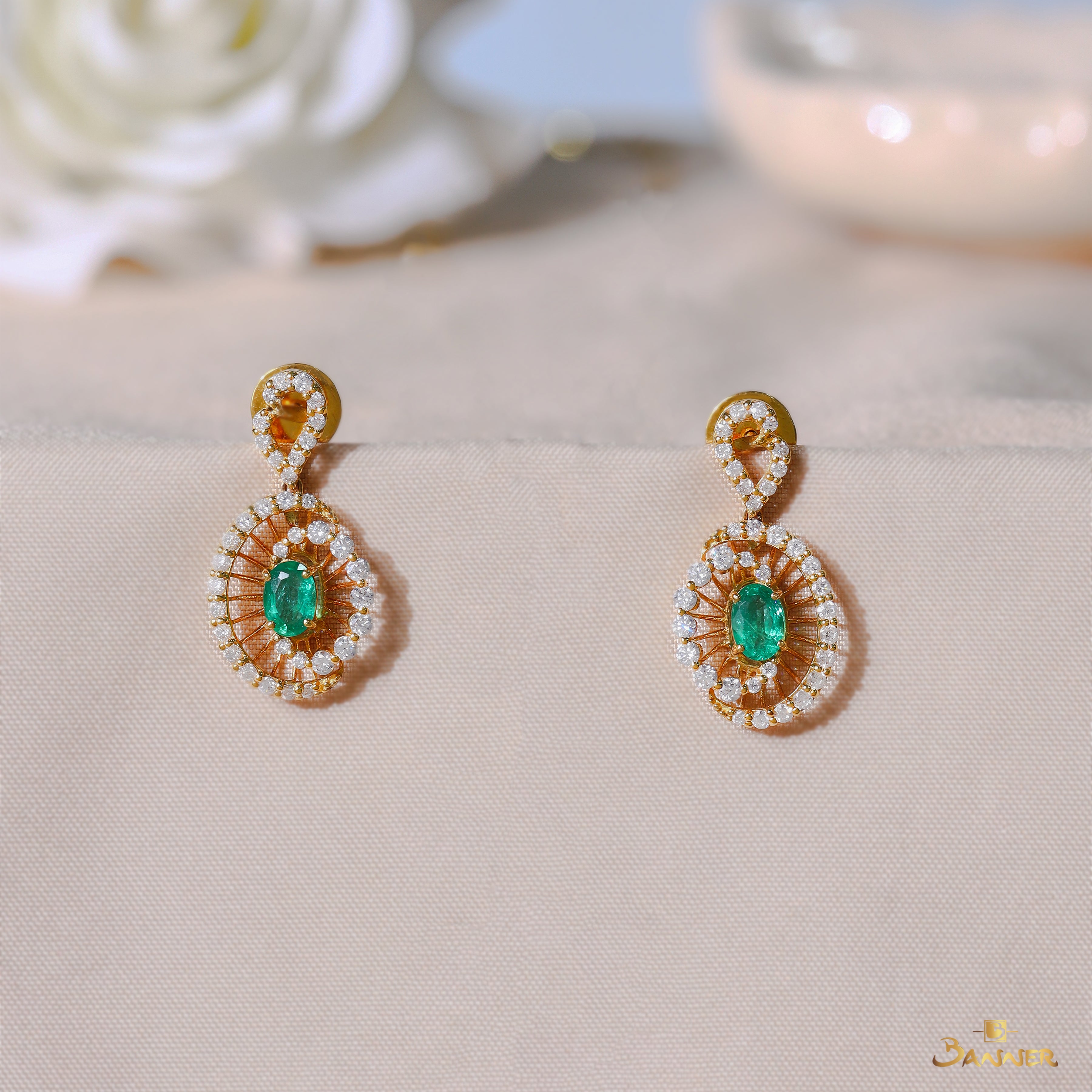 Emerald and Diamond Sunburst Earrings