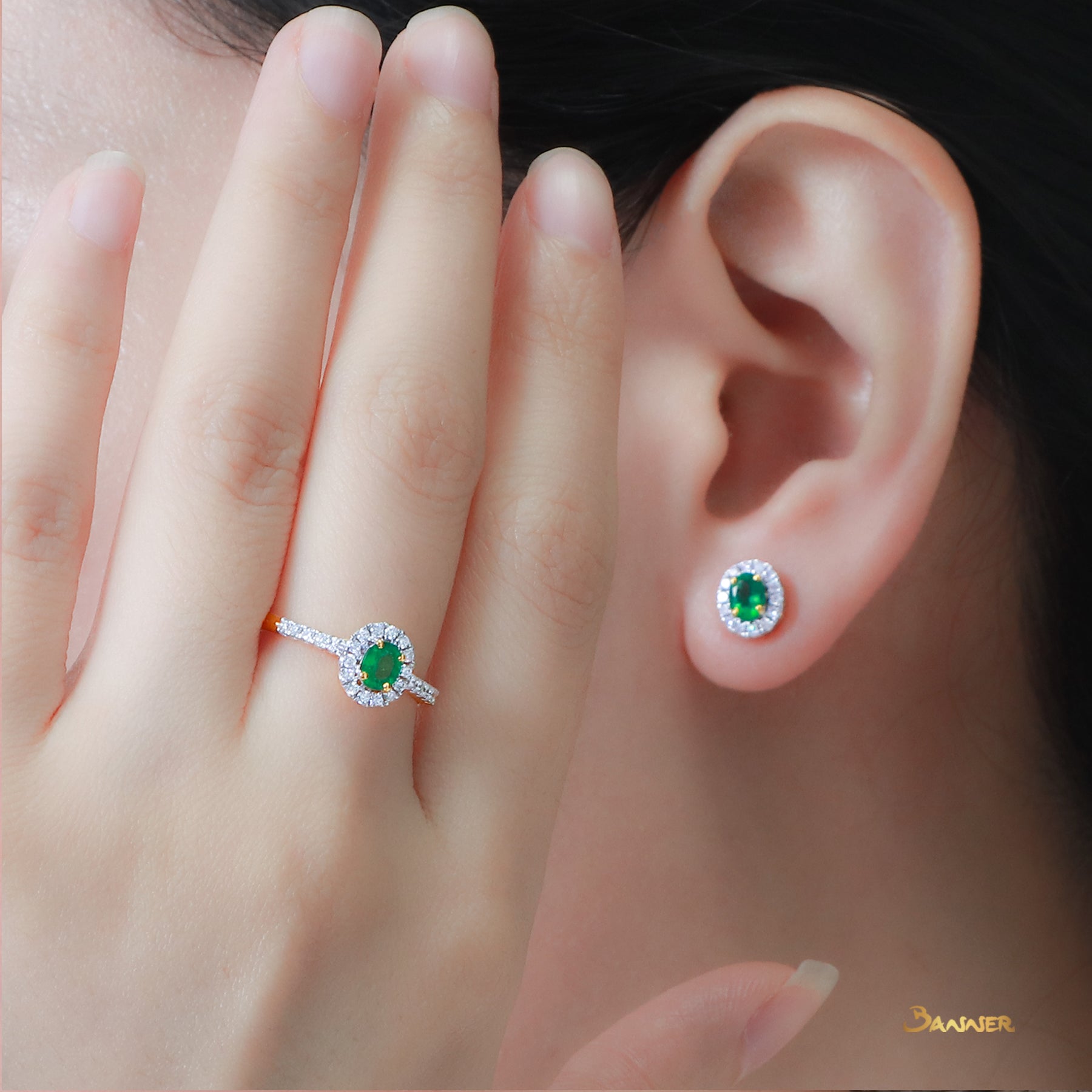 Emerald and Diamond Halo Earrings