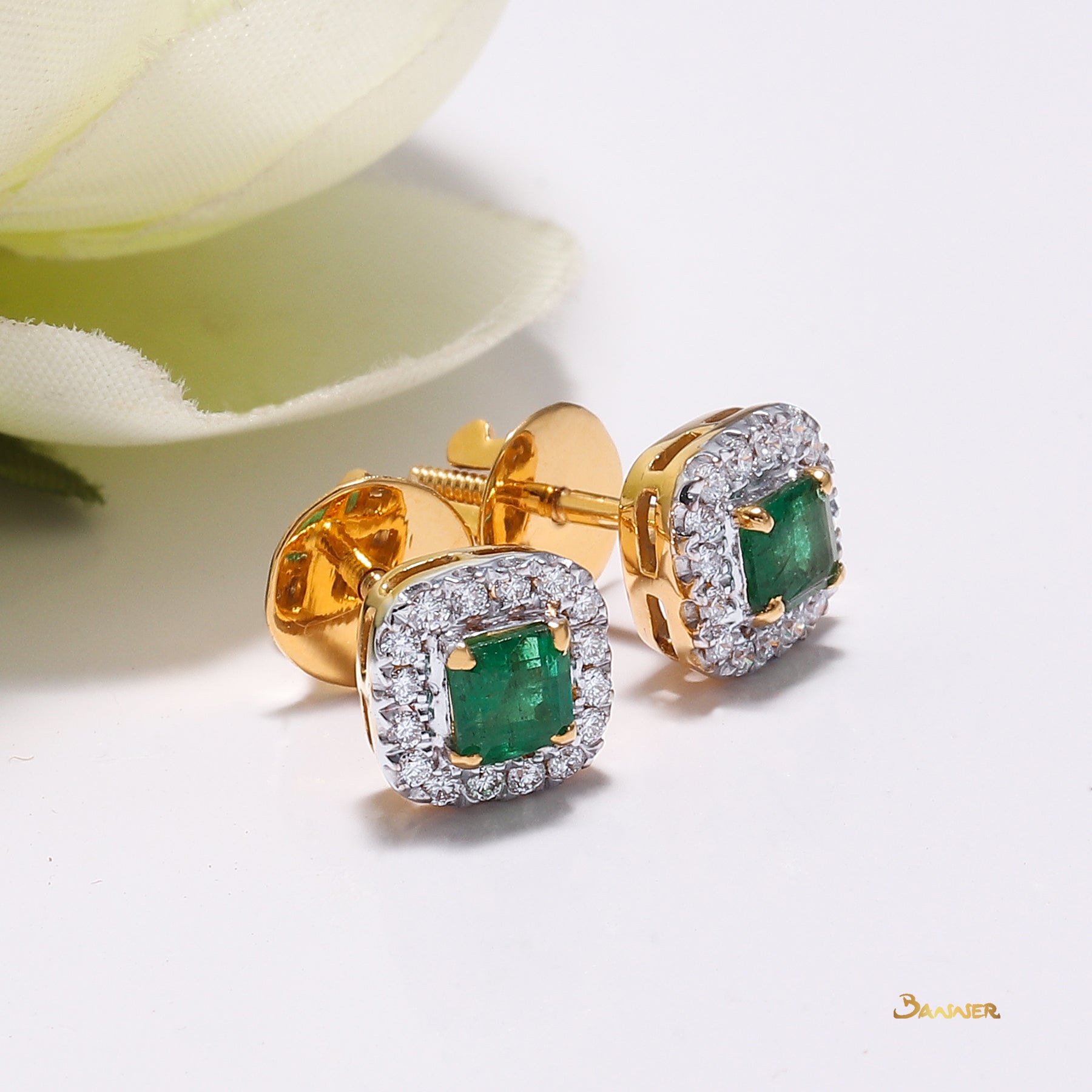 Emerald and Diamond Halo Set