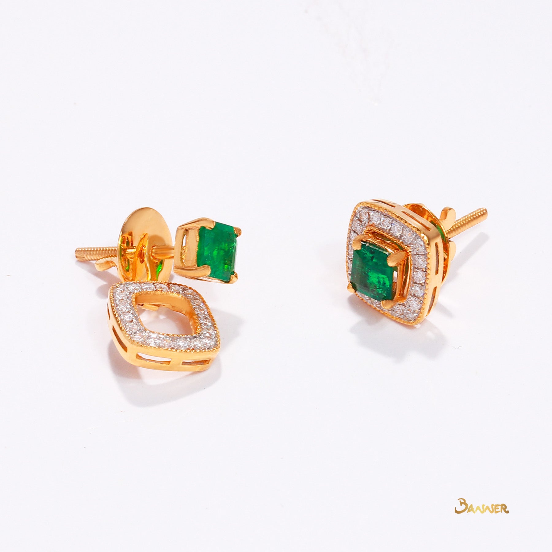 Emerald and Diamond 3-ways Halo Earrings