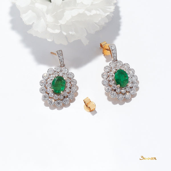 Emerald and Diamond Vintage Design Double Halo Earrings