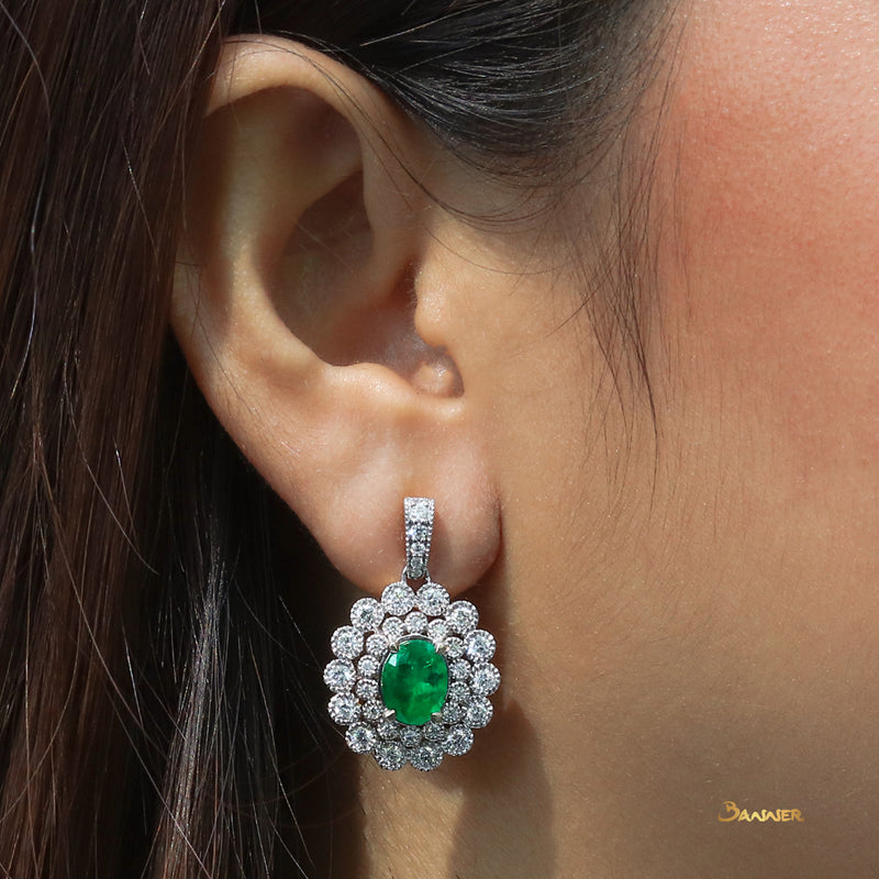 Emerald and Diamond Vintage Design Double Halo Earrings