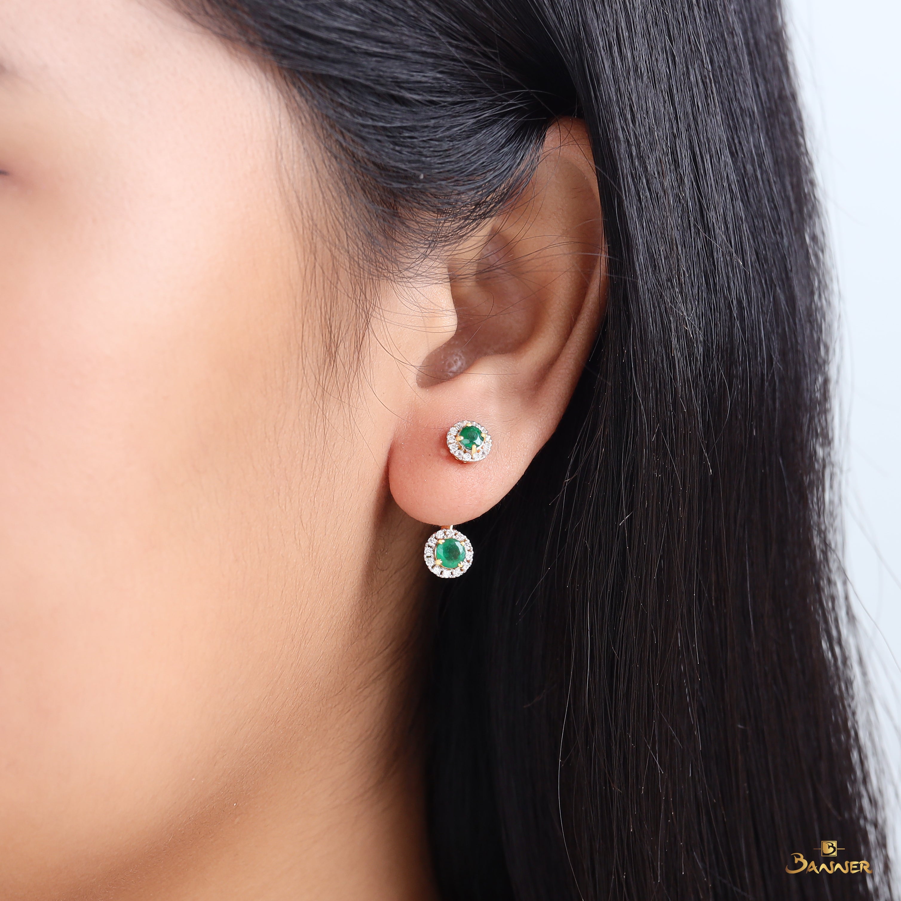 Emerald and Diamond 2-ways Dangle Halo Earrings