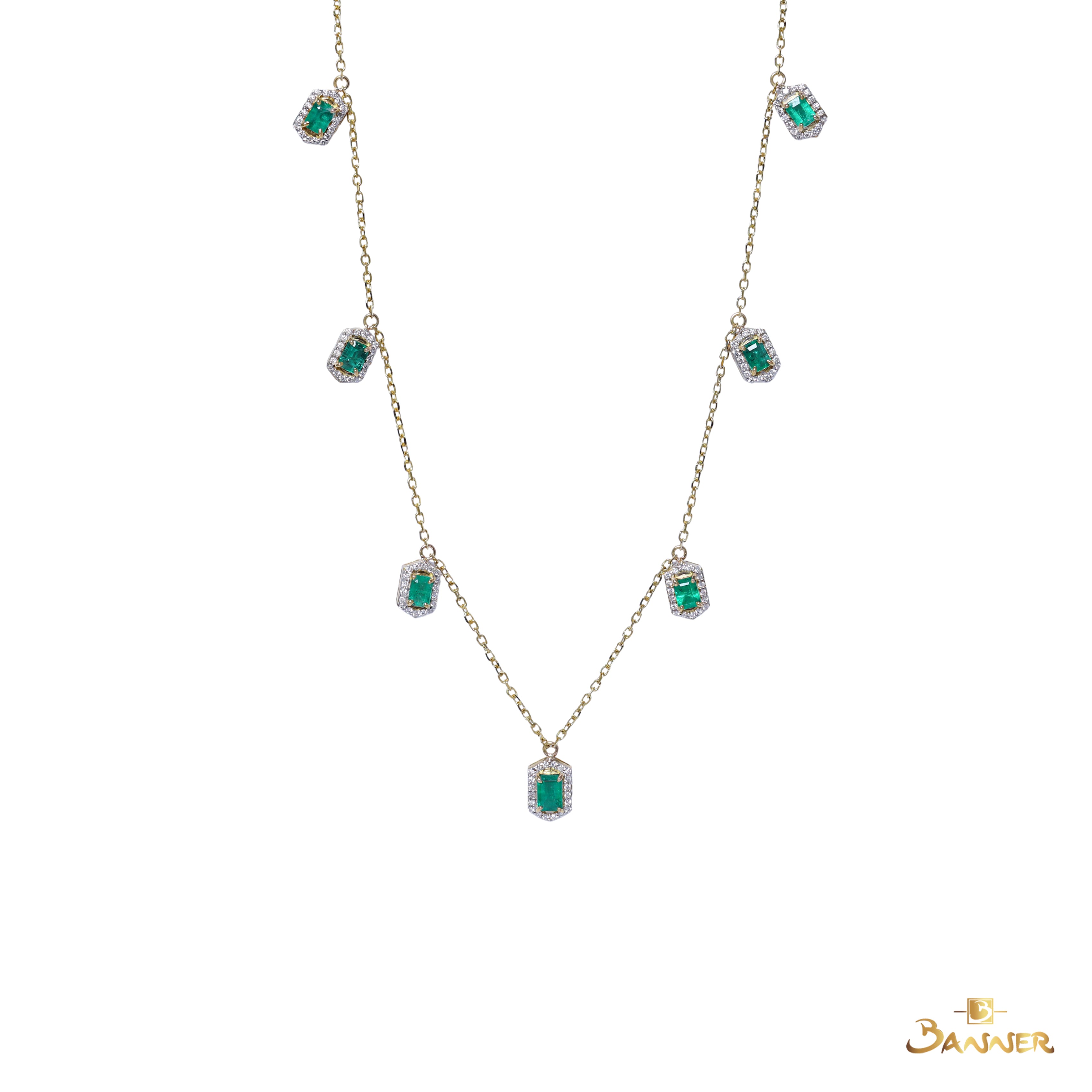 Emerald and Diamond Halo Dangle Necklace