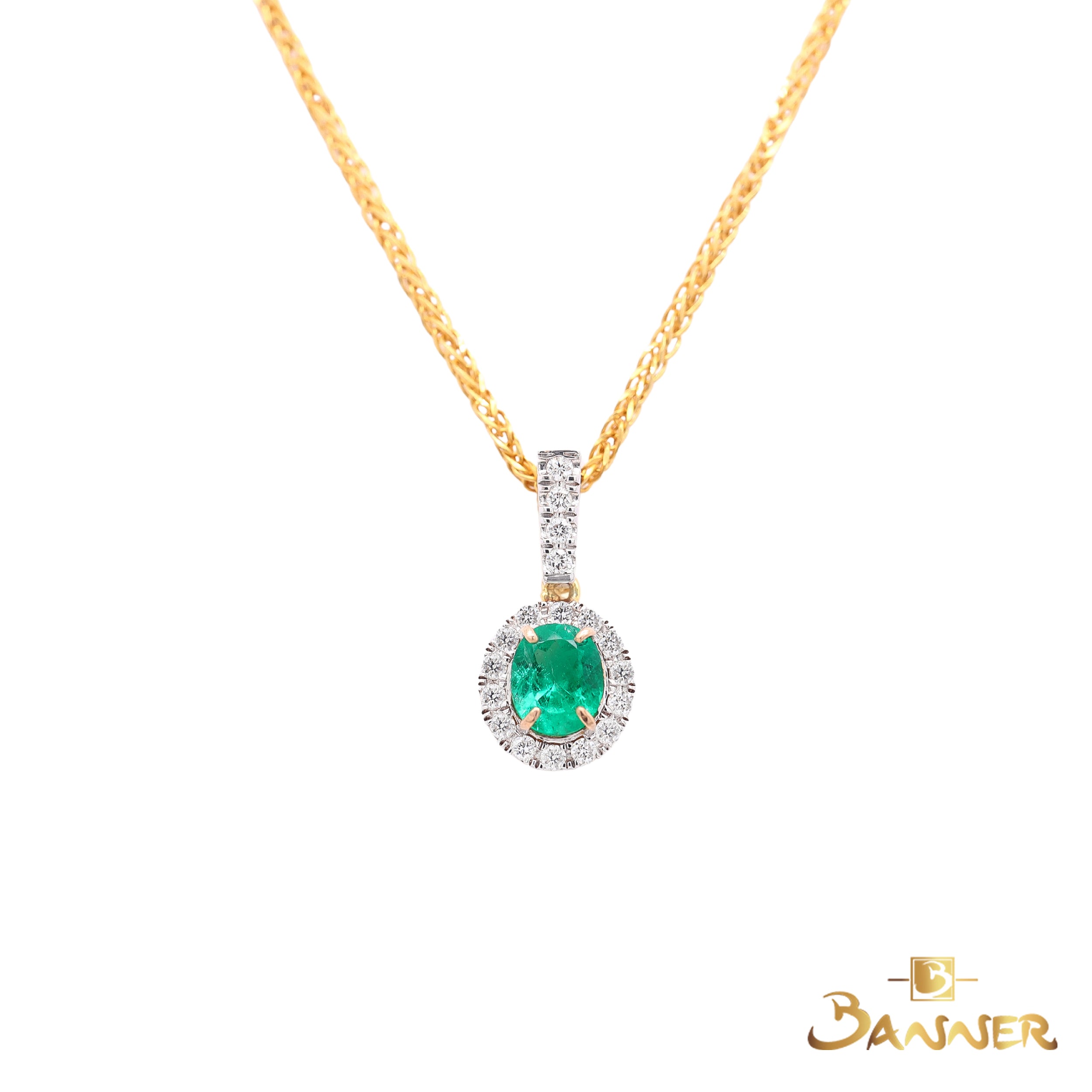 Columbian Emerald and Diamond Halo Pendant
