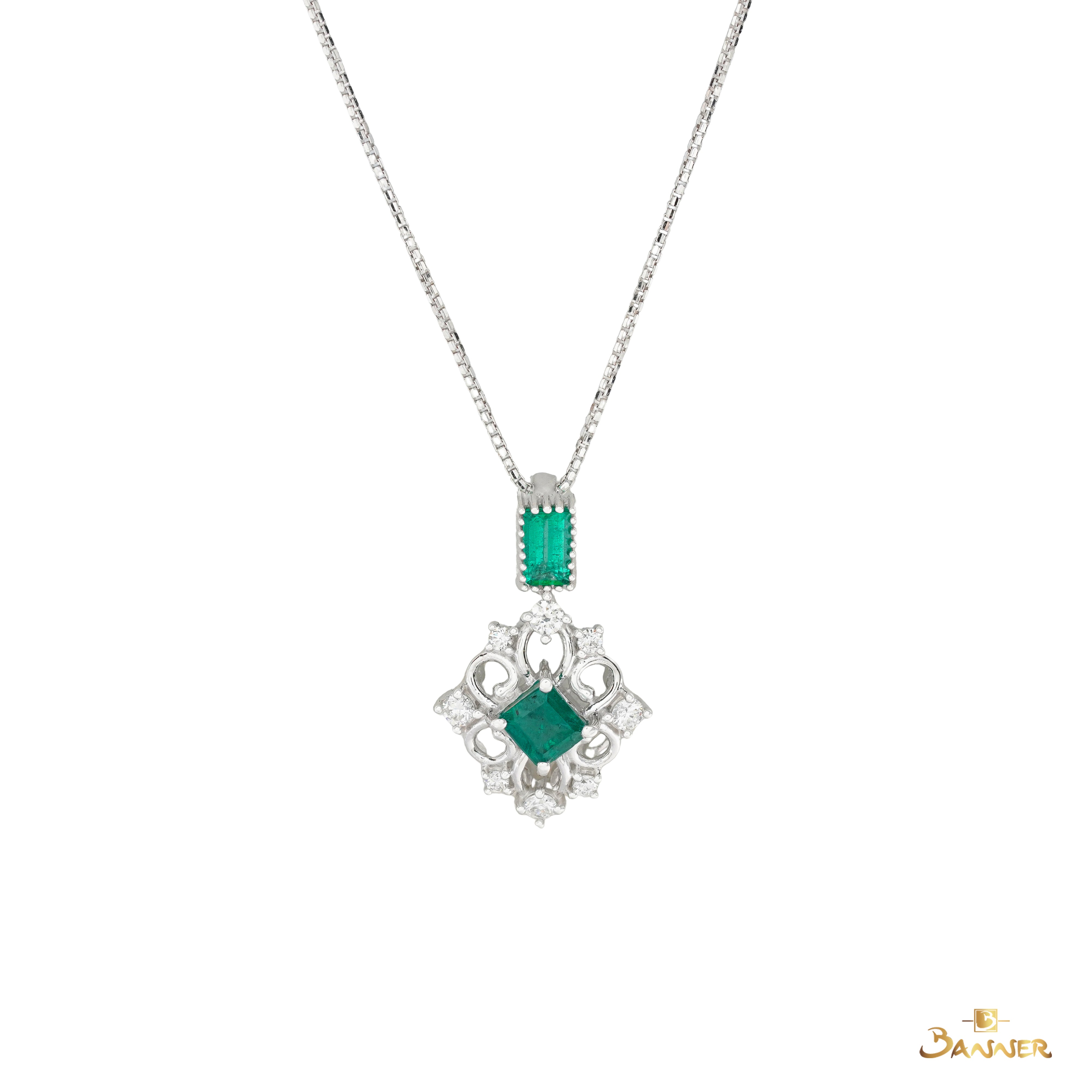 Emerald and Diamond Vintage Halo Dangle Pendant