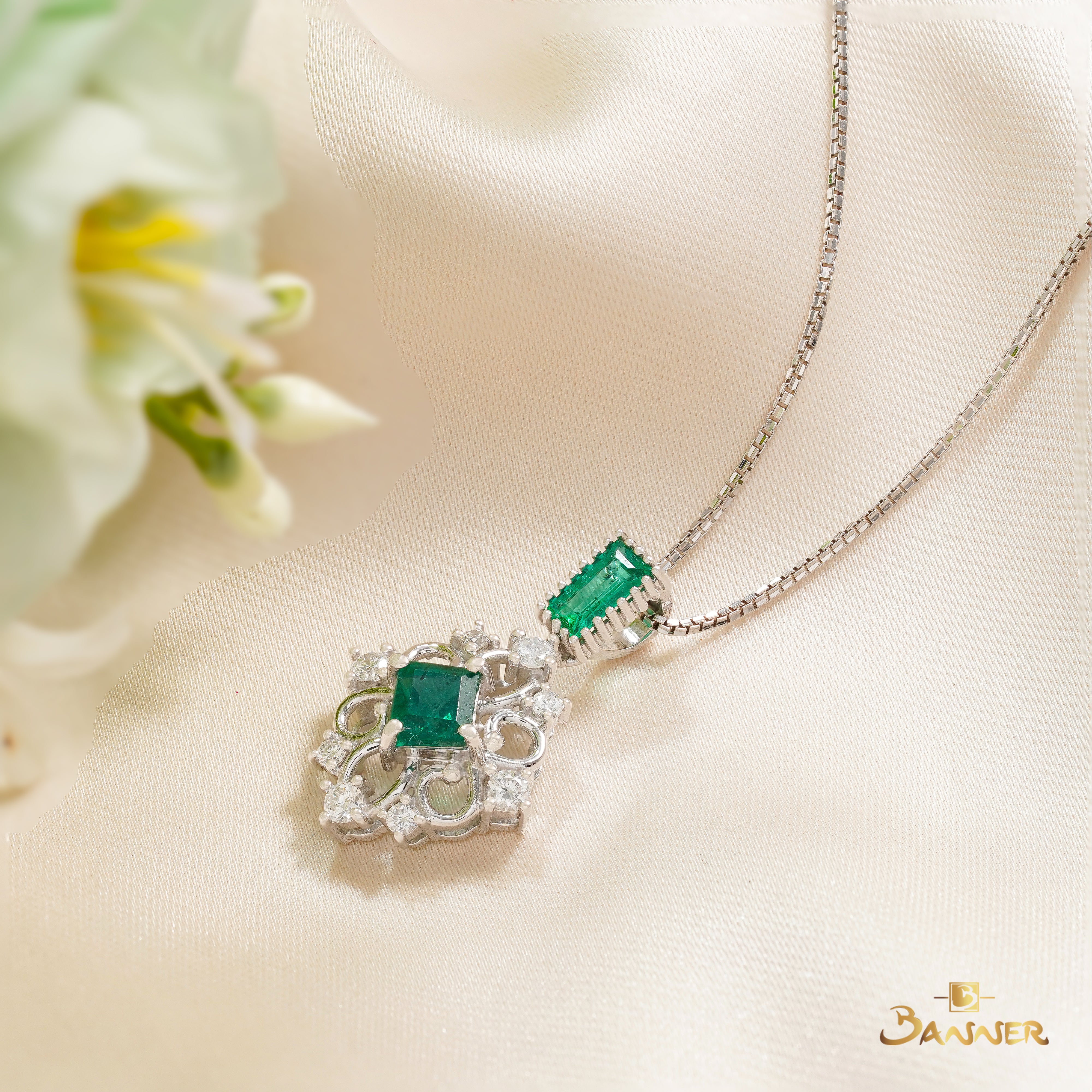 Emerald and Diamond Vintage Halo Dangle Pendant