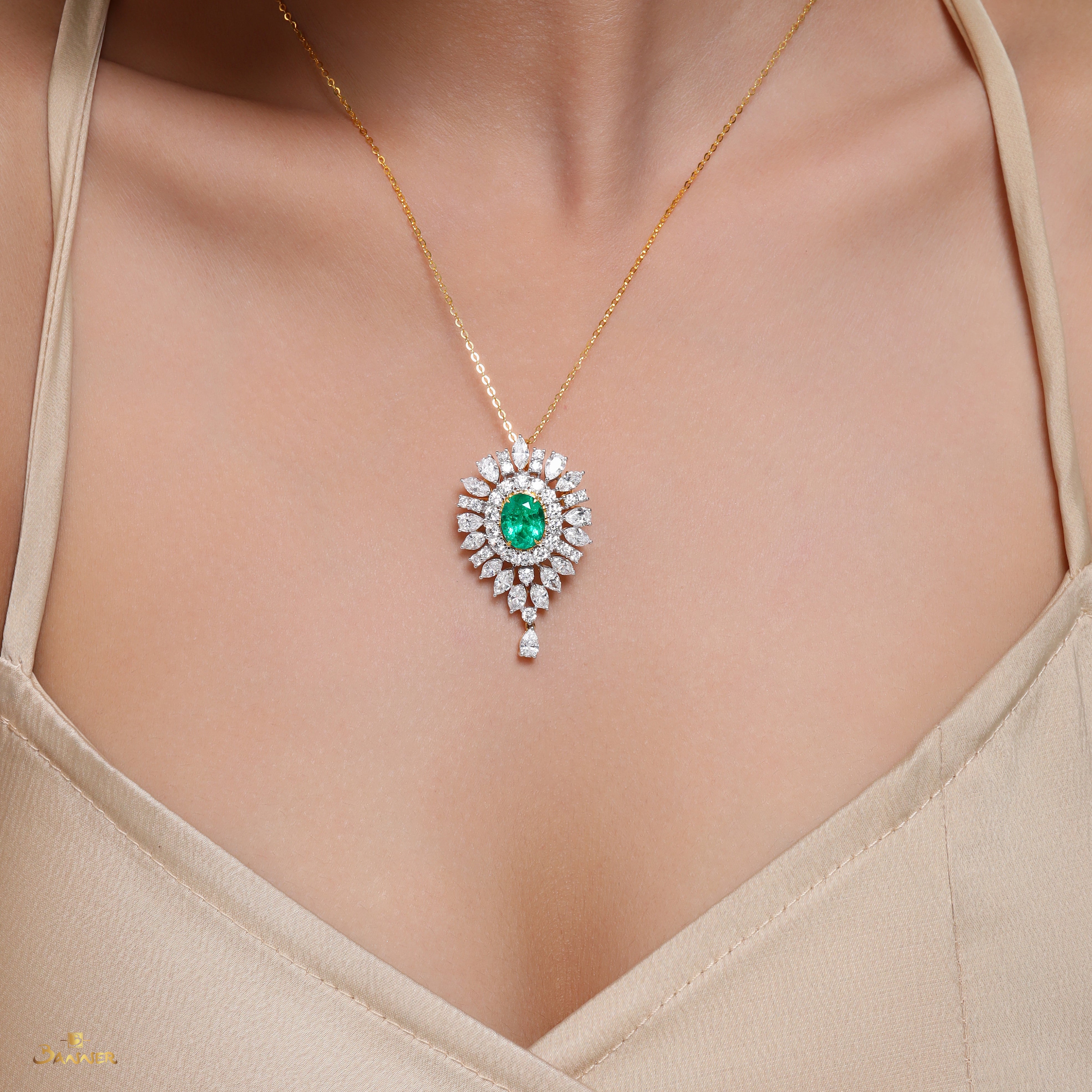 Columbian Emerald Oval and Diamond Pendant