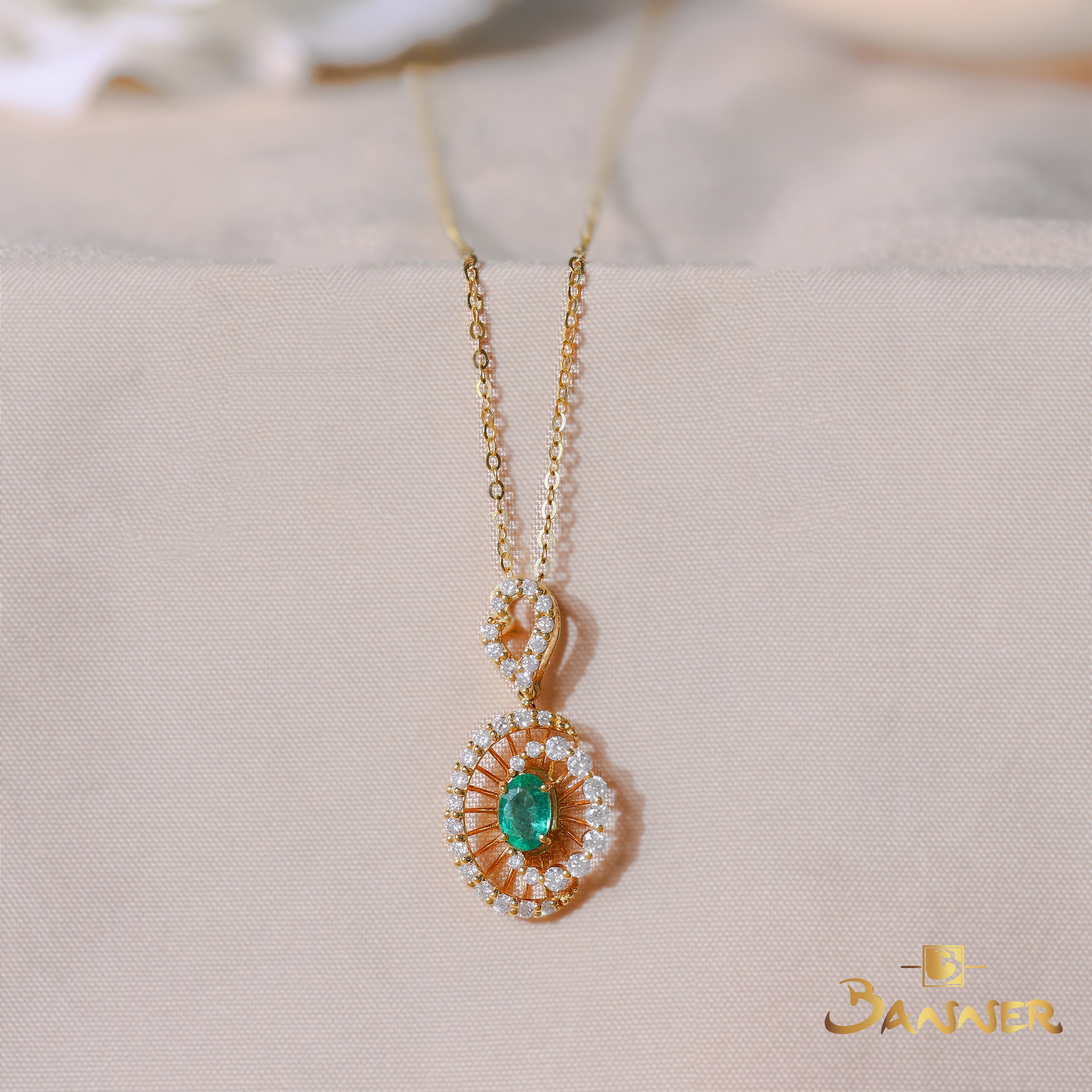 Emerald and Diamond Sunburst Pendant