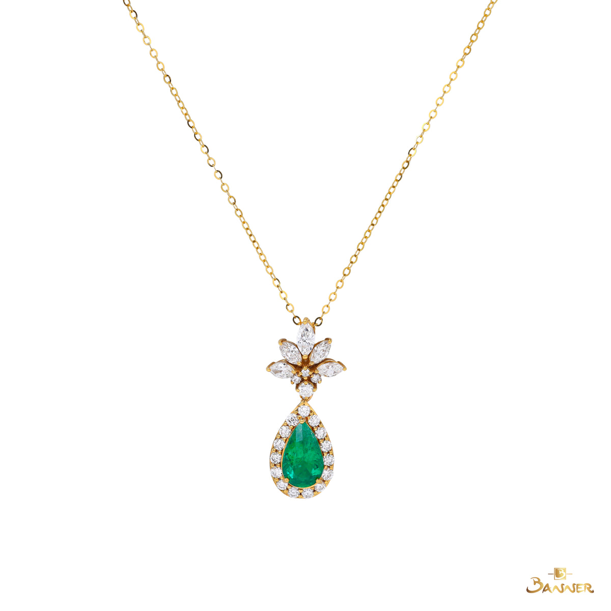 Columbia Emerald and Diamond Raindrop Halo Pendant